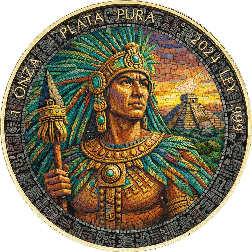 LIBERTAD MOSAIC AZTEC EMPEROR 1 Oz Silver Coin 24k Gold Plated Mexico 2024 w/COA