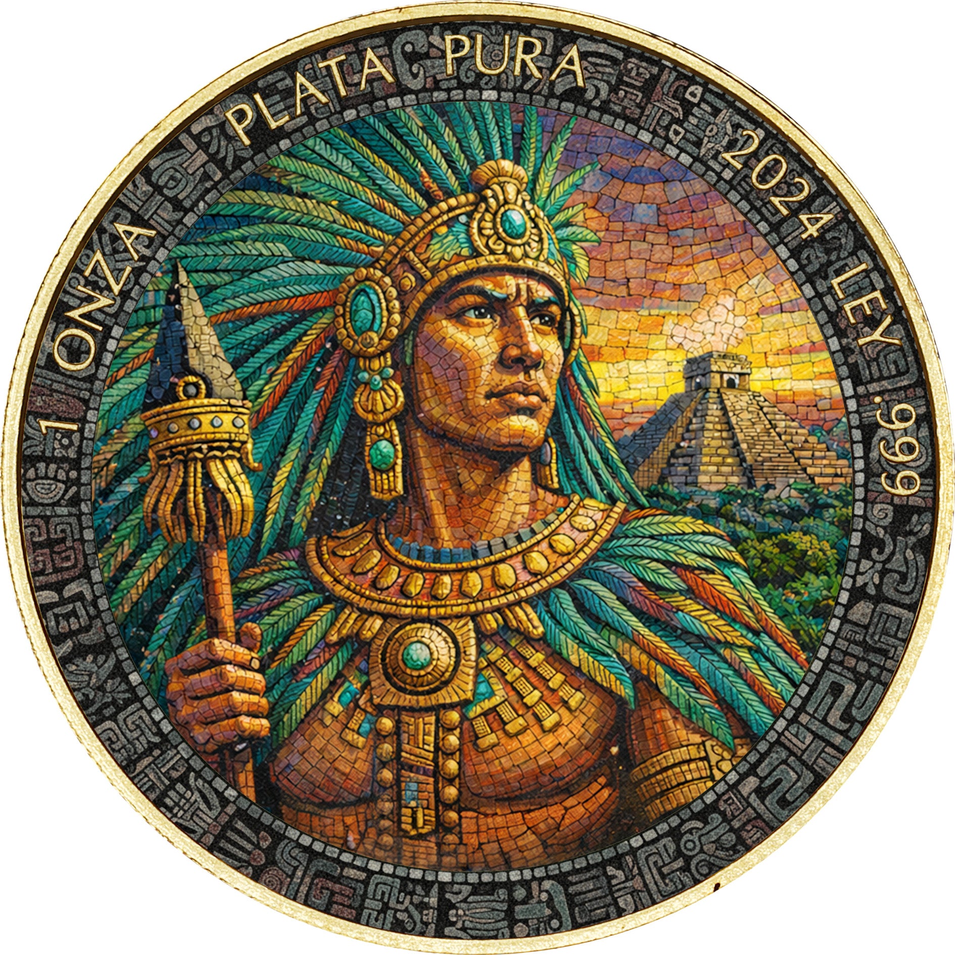 LIBERTAD MOSAIC AZTEC EMPEROR 1 Oz Silver Coin 24k Gold Plated Mexico 2024 w/COA