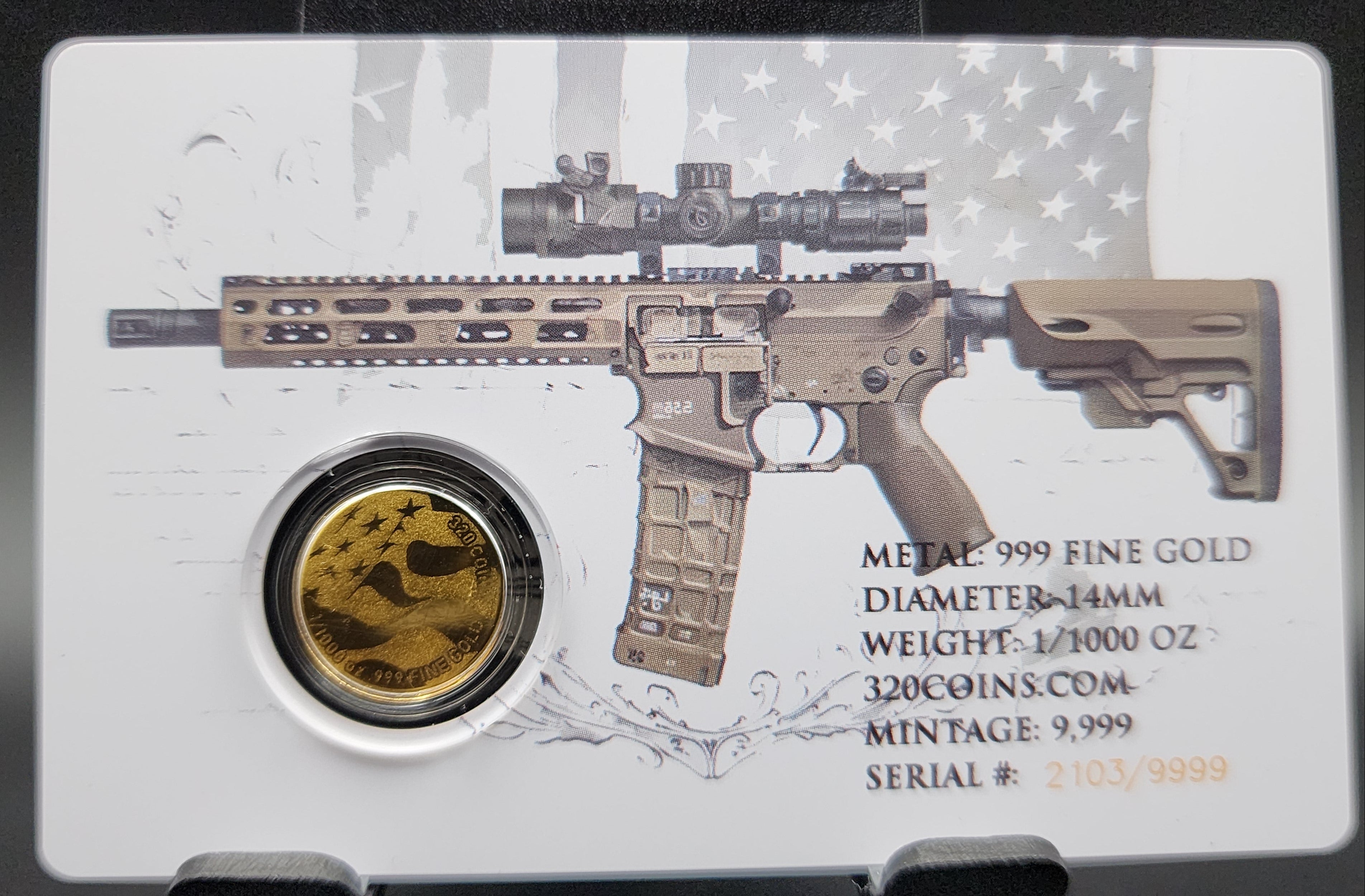 320Coins Second Amendment 2A 1/1000th oz Gold Round Carded