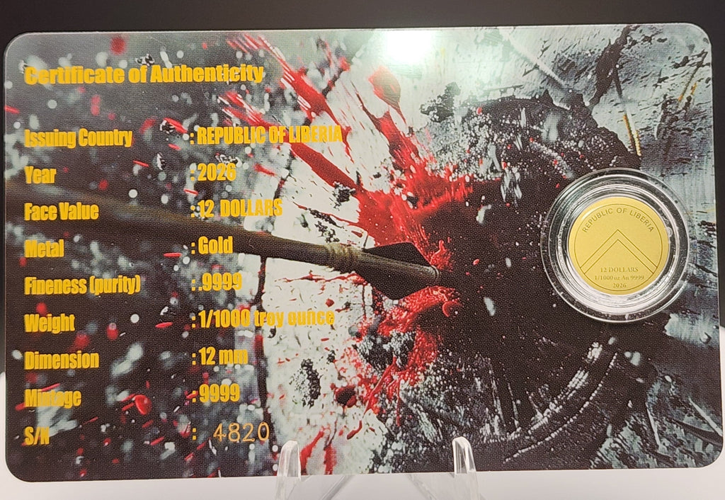 2026 Liberia Spartan 1/1000oz .9999 Gold Coin 12 Dollars Carded