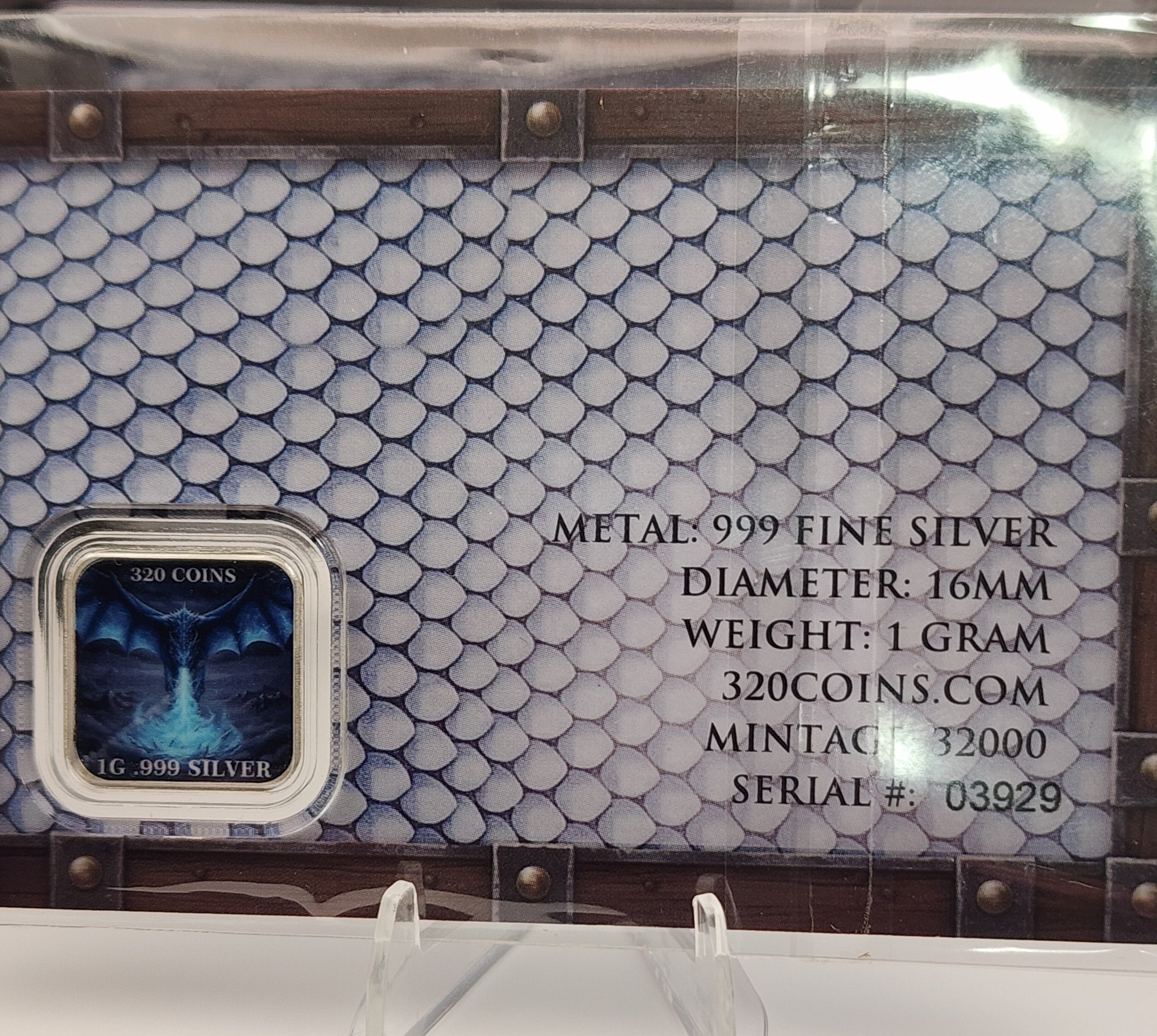 320Coins Ice Dragon 1 Gram Silver Bar Carded