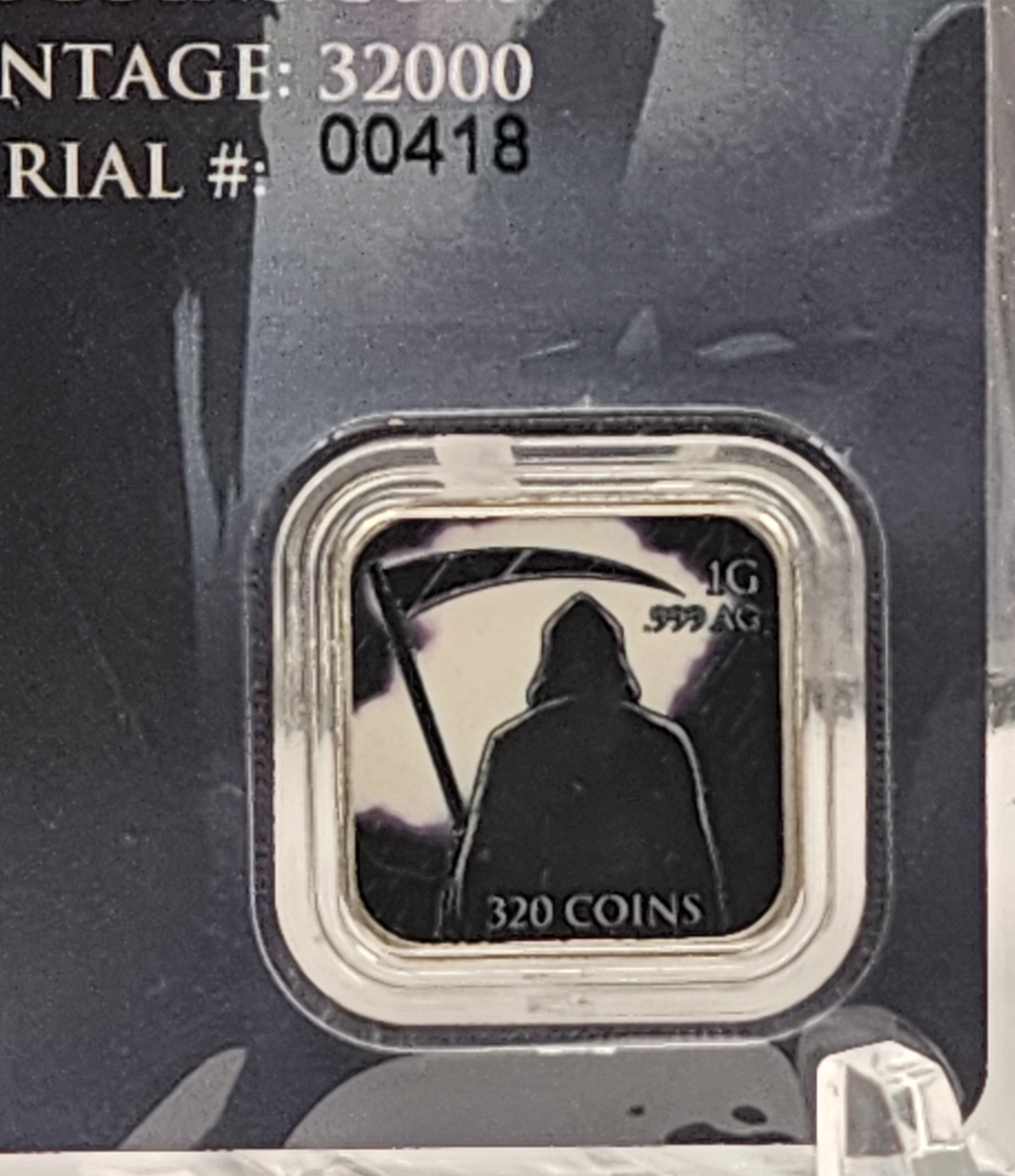 320Coins Gram Reaper 1g Silver Bar in Assay Card
