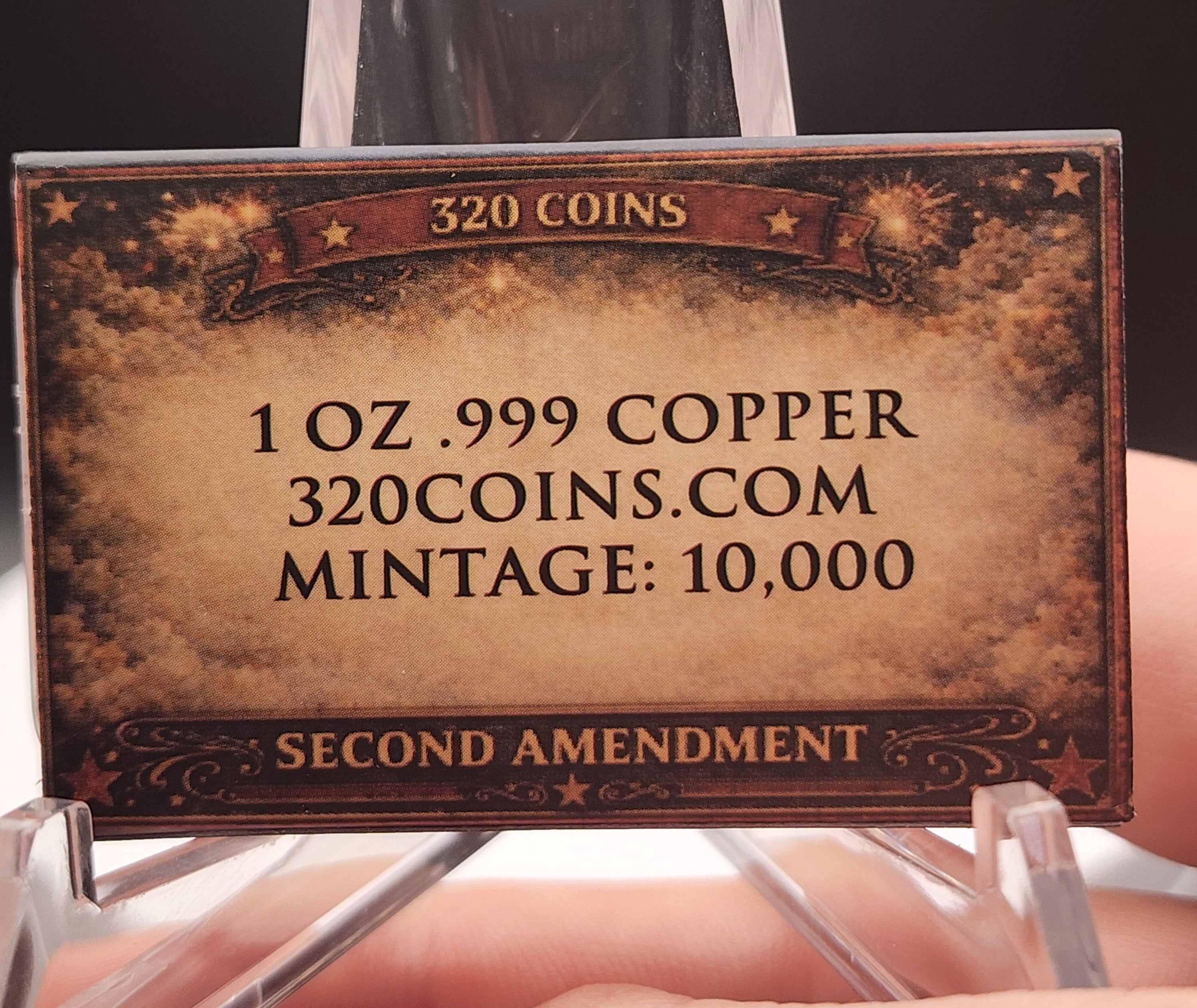 320Coins 2026 Second Amendment 2A 1 oz Copper Bar in Capsule & COA sleeve