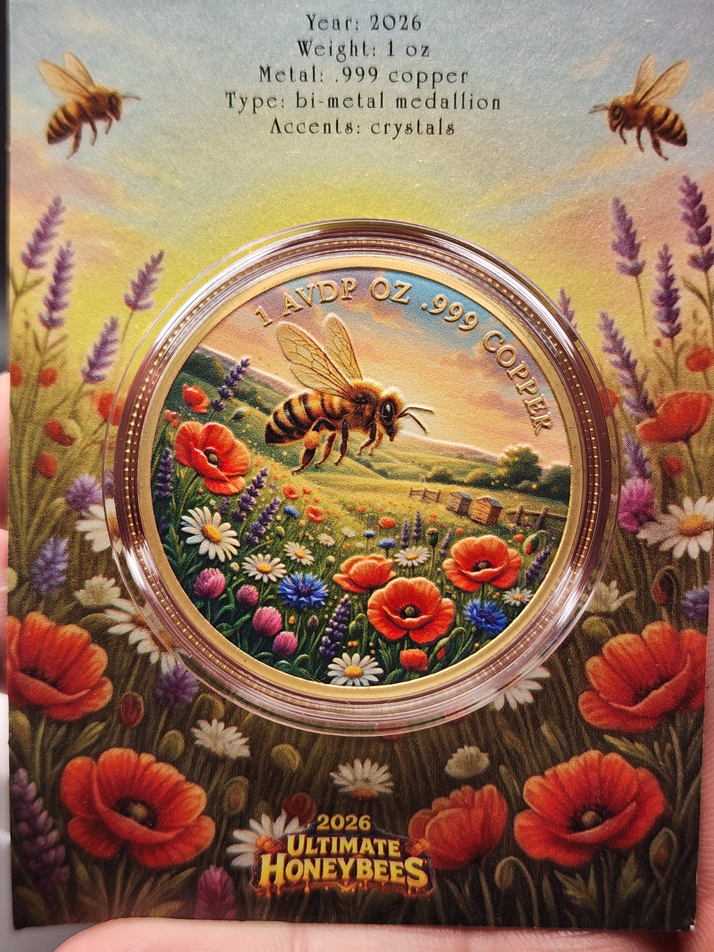 2026 Ultimate Honeybees 1oz Copper Round with Crystal Inserts