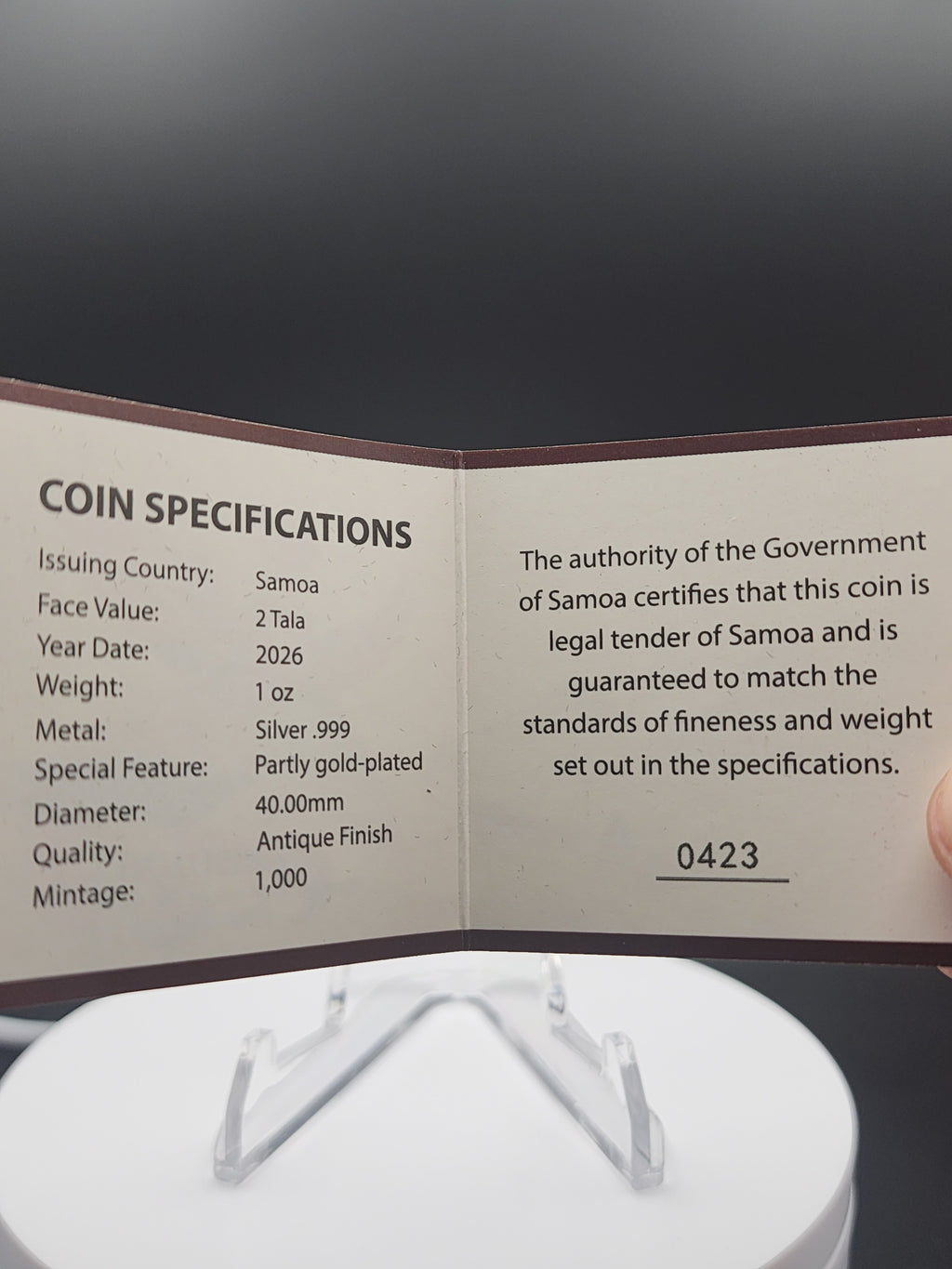 2026 Samoa Phoenix 1oz Silver Antique Finish Gold Gilded Coin COA Mintage 1000