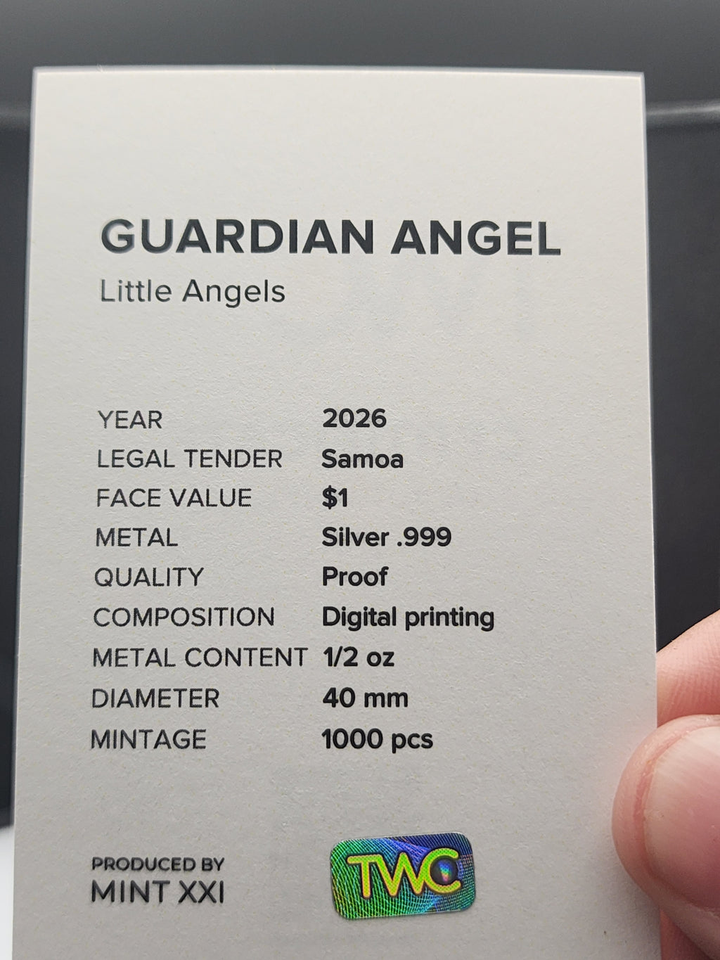 Guardian Angel Little Angels 2026 $1 1/2 oz Pure Silver Proof Coin  Samoa  TWC