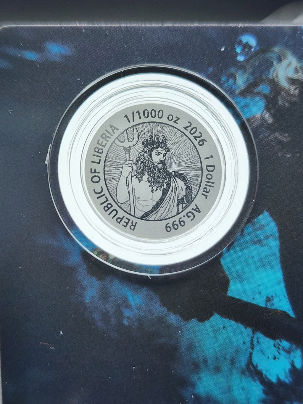 POSEIDON 1/1000 Oz Silver Coin in Card 1$ Liberia 2026