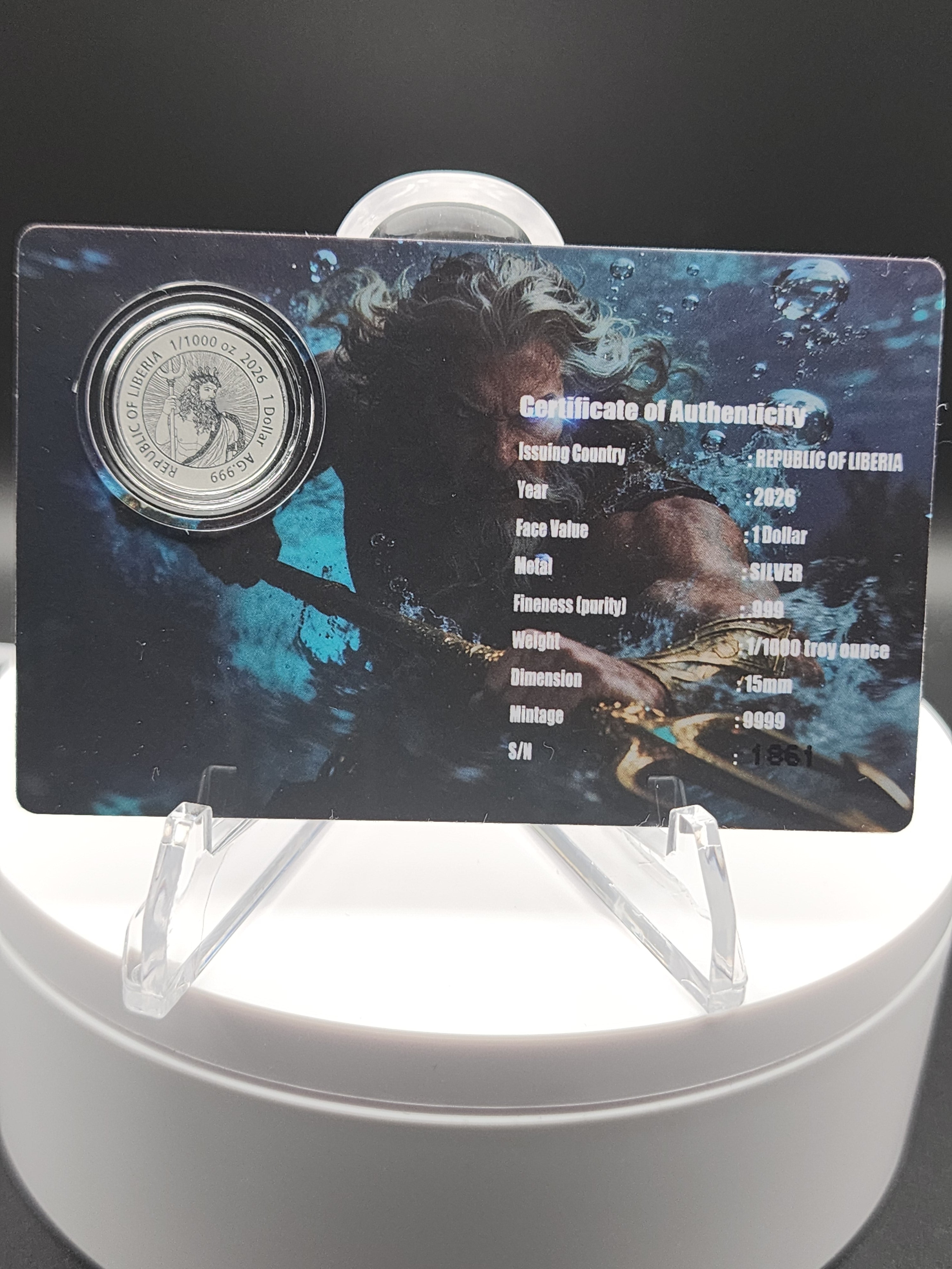 POSEIDON 1/1000 Oz Silver Coin in Card 1$ Liberia 2026