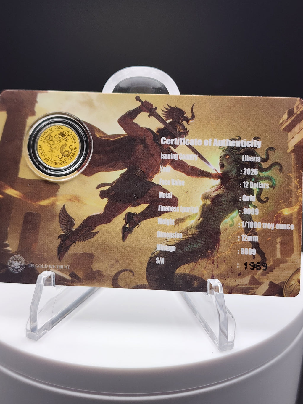 2026 Liberia Perseus 1/1000 oz .9999 Gold Coin in Card