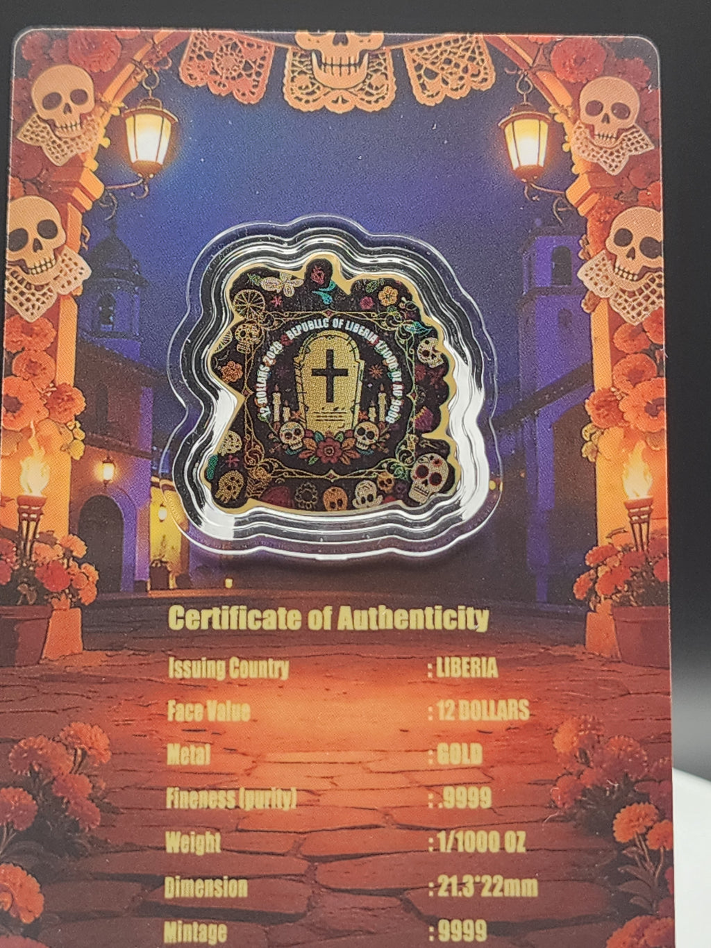 2026 Liberia Dia De los Muertos Bailando Shaped 1/1000 oz .9999 Gold Coin in Card