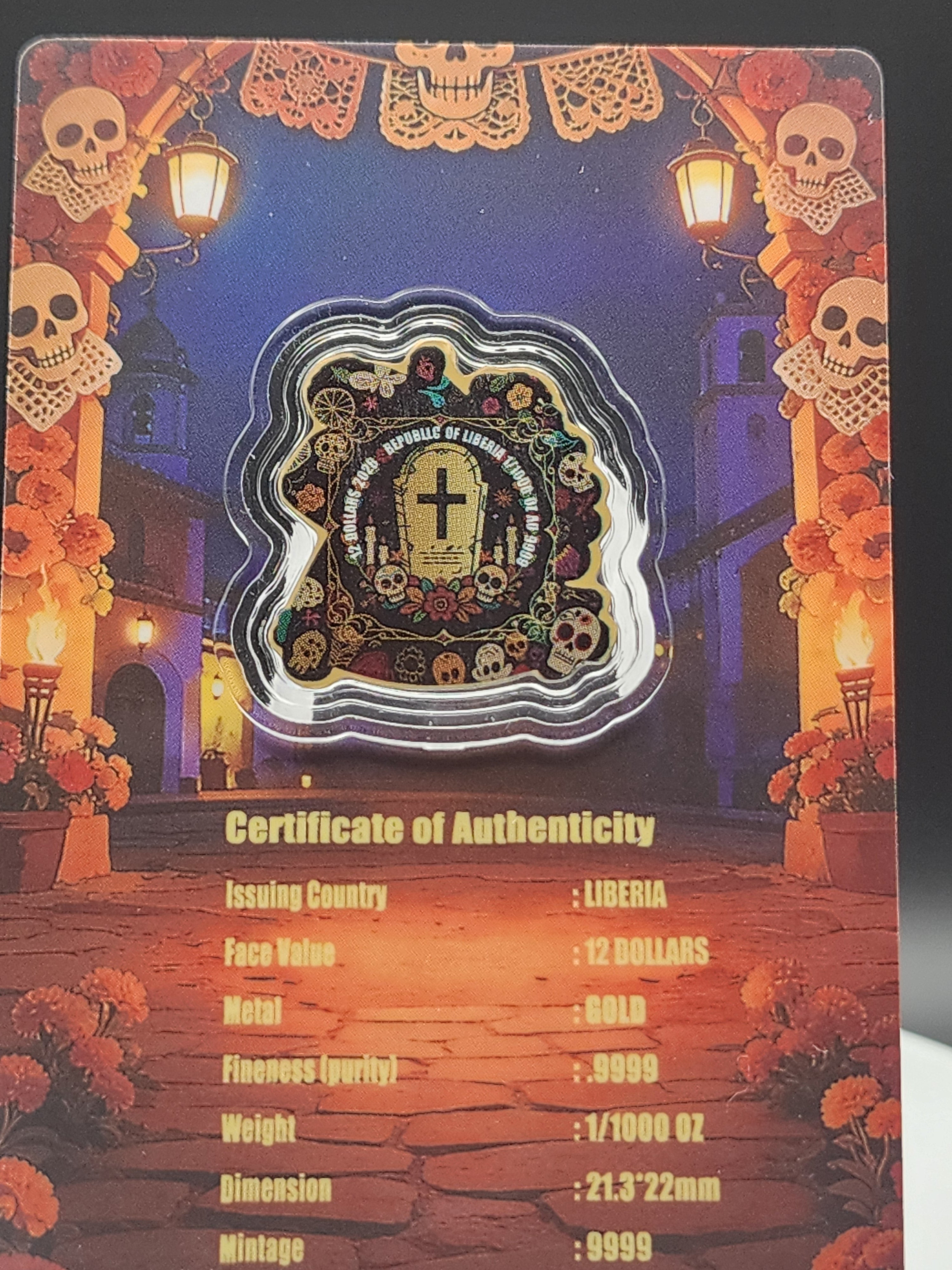 2026 Liberia Dia De los Muertos Bailando Shaped 1/1000 oz .9999 Gold Coin in Card