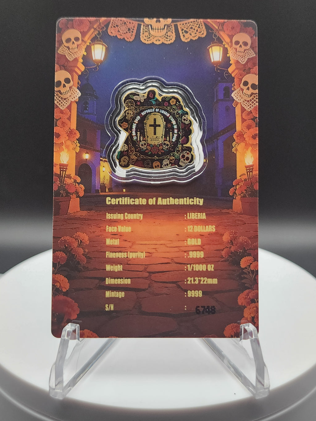 2026 Liberia Dia De los Muertos Bailando Shaped 1/1000 oz .9999 Gold Coin in Card