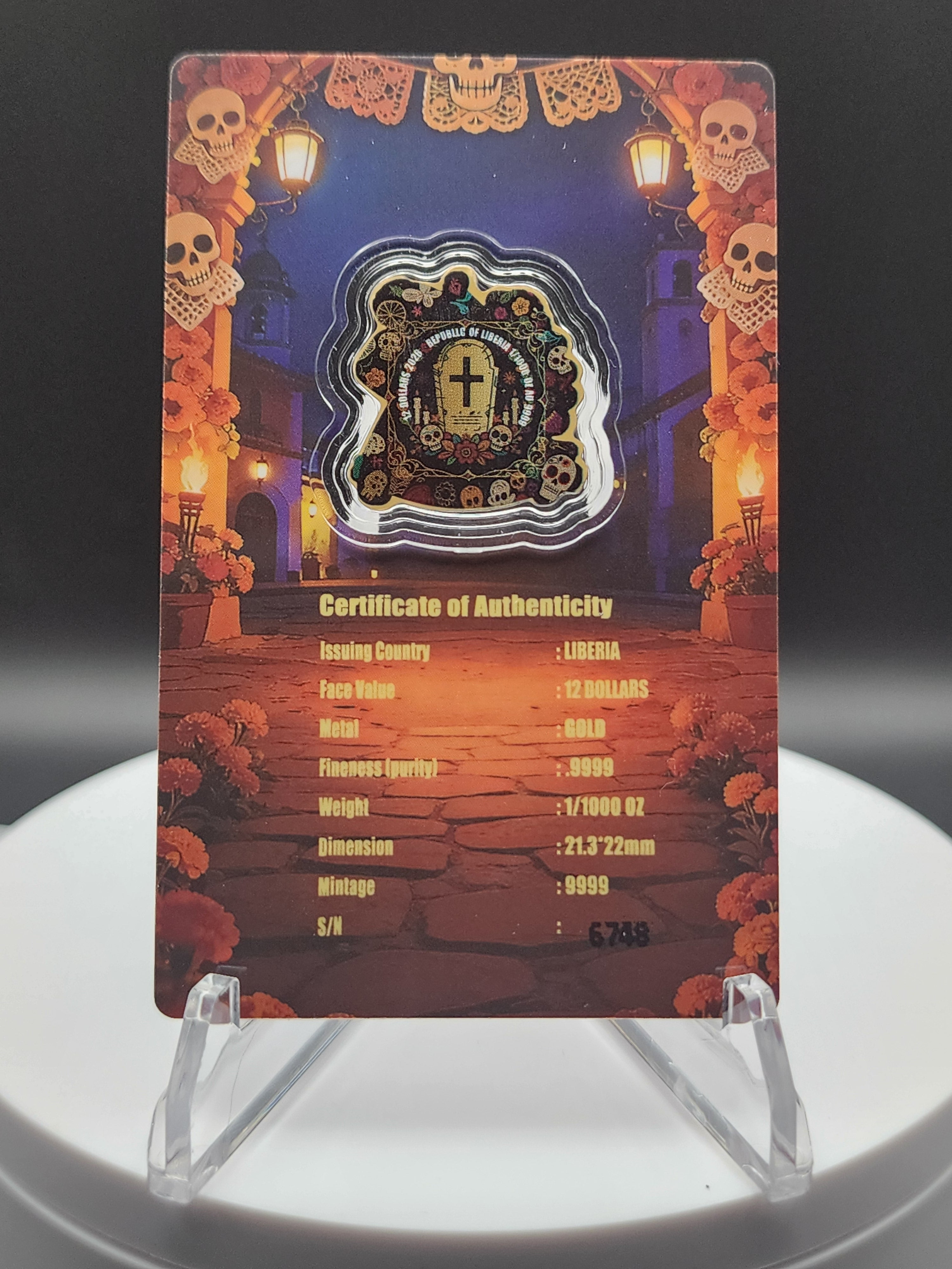 2026 Liberia Dia De los Muertos Bailando Shaped 1/1000 oz .9999 Gold Coin in Card