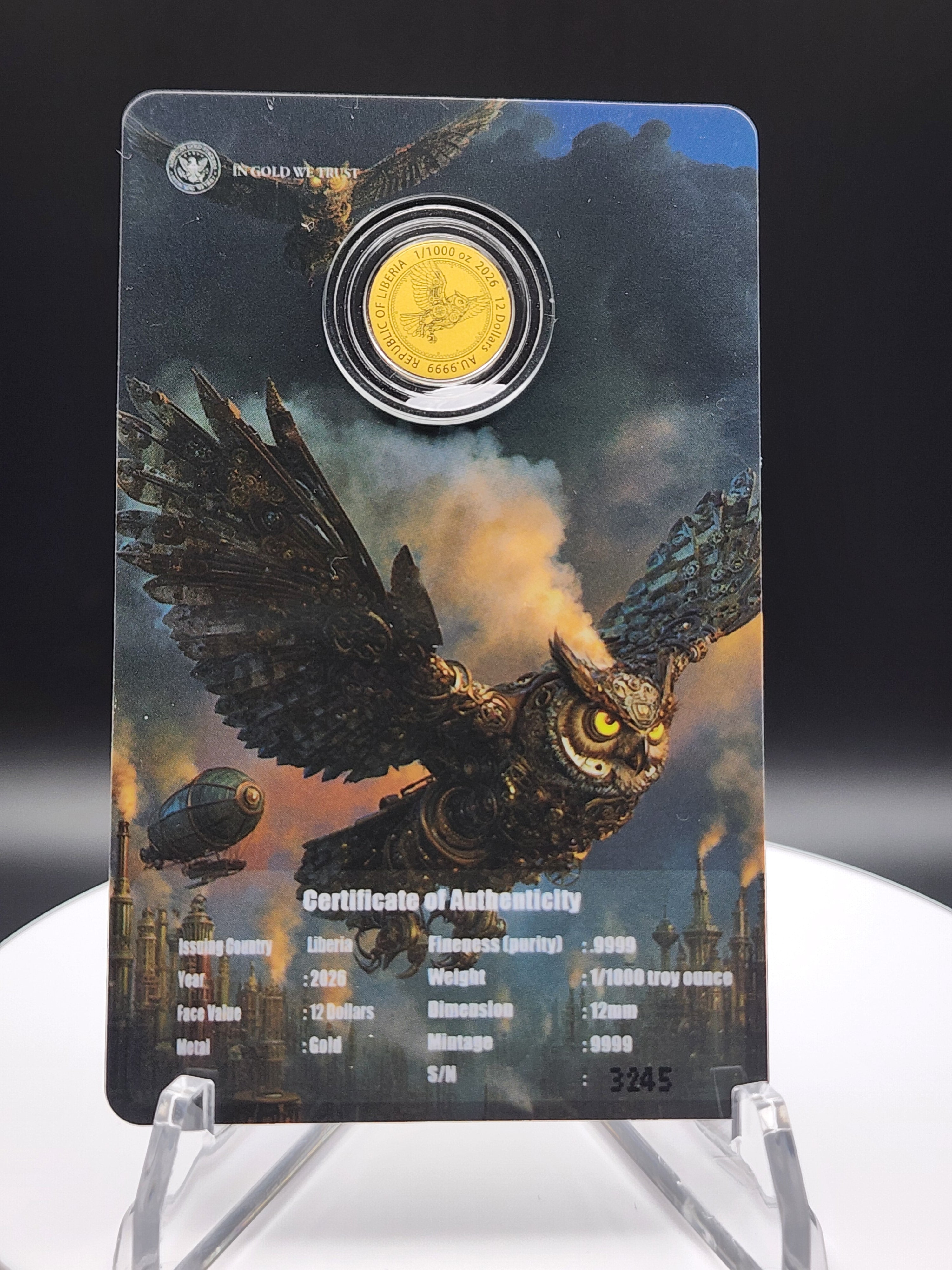 2026 Liberia Steampunk Mech Owl 1/1000 oz .9999 Gold Coin in Card