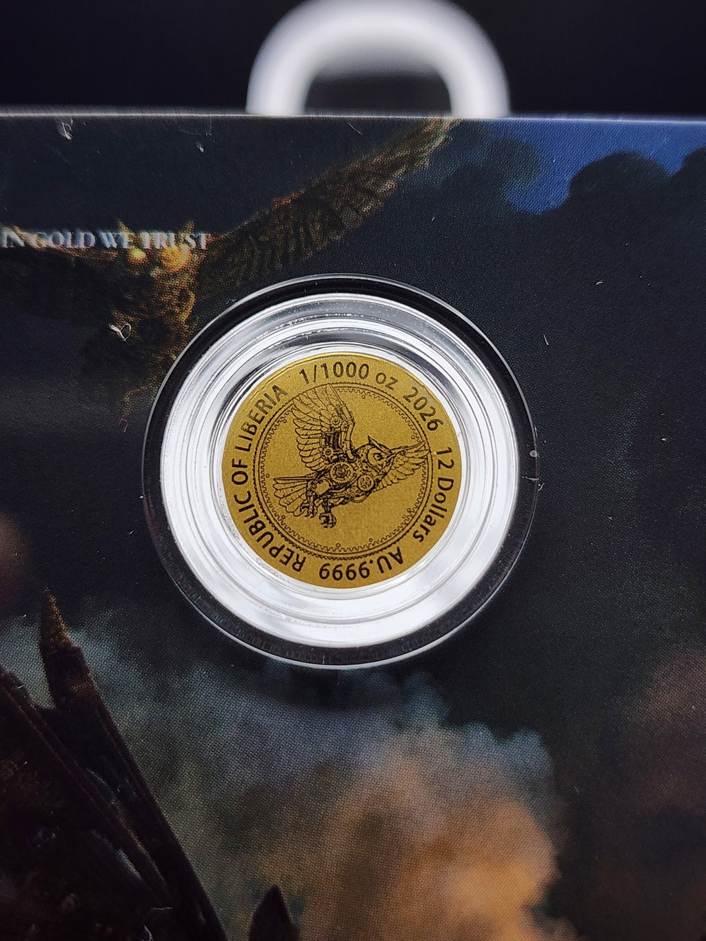 2026 Liberia Steampunk Mech Owl 1/1000 oz .9999 Gold Coin in Card