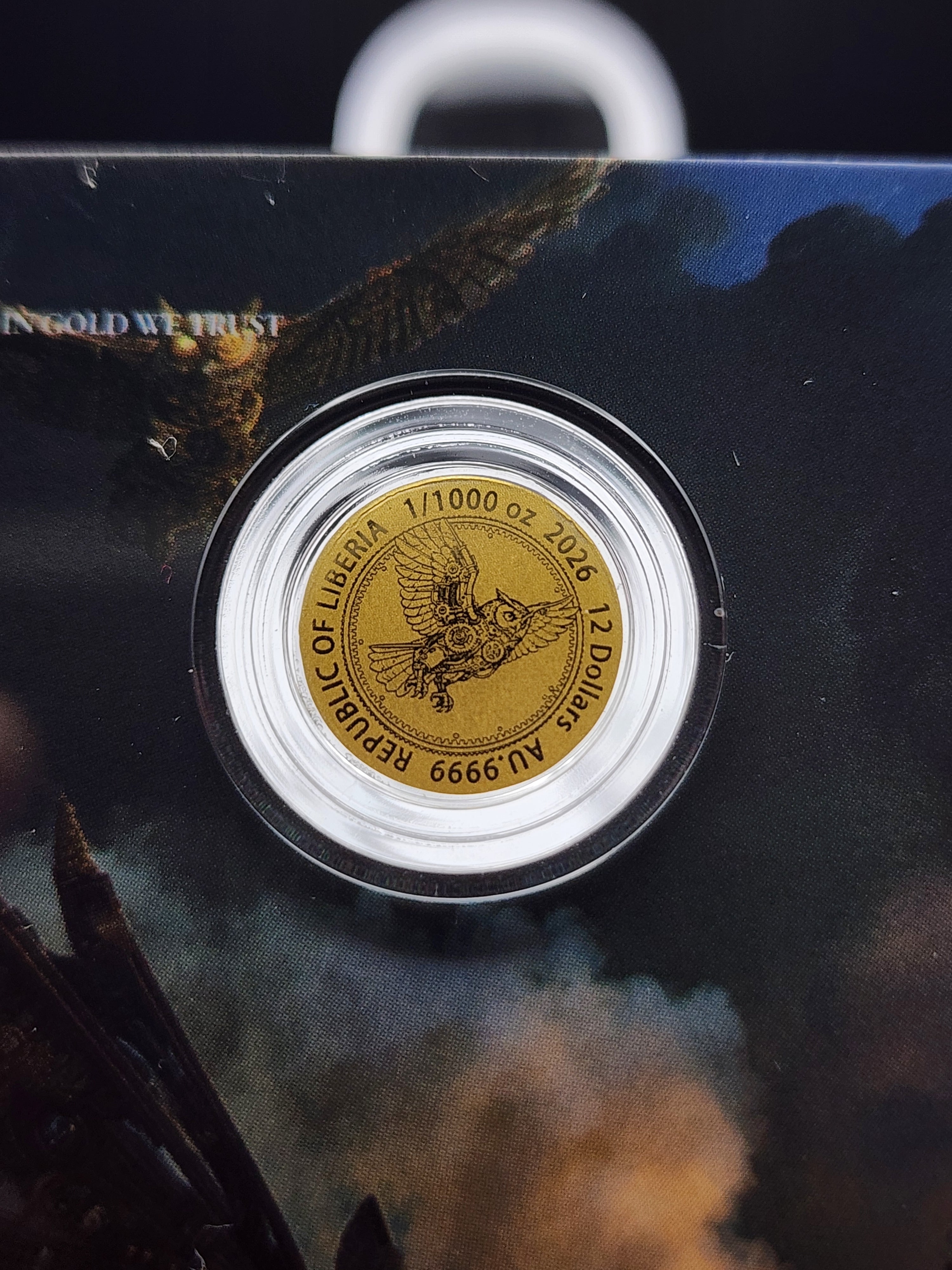 2026 Liberia Steampunk Mech Owl 1/1000 oz .9999 Gold Coin in Card