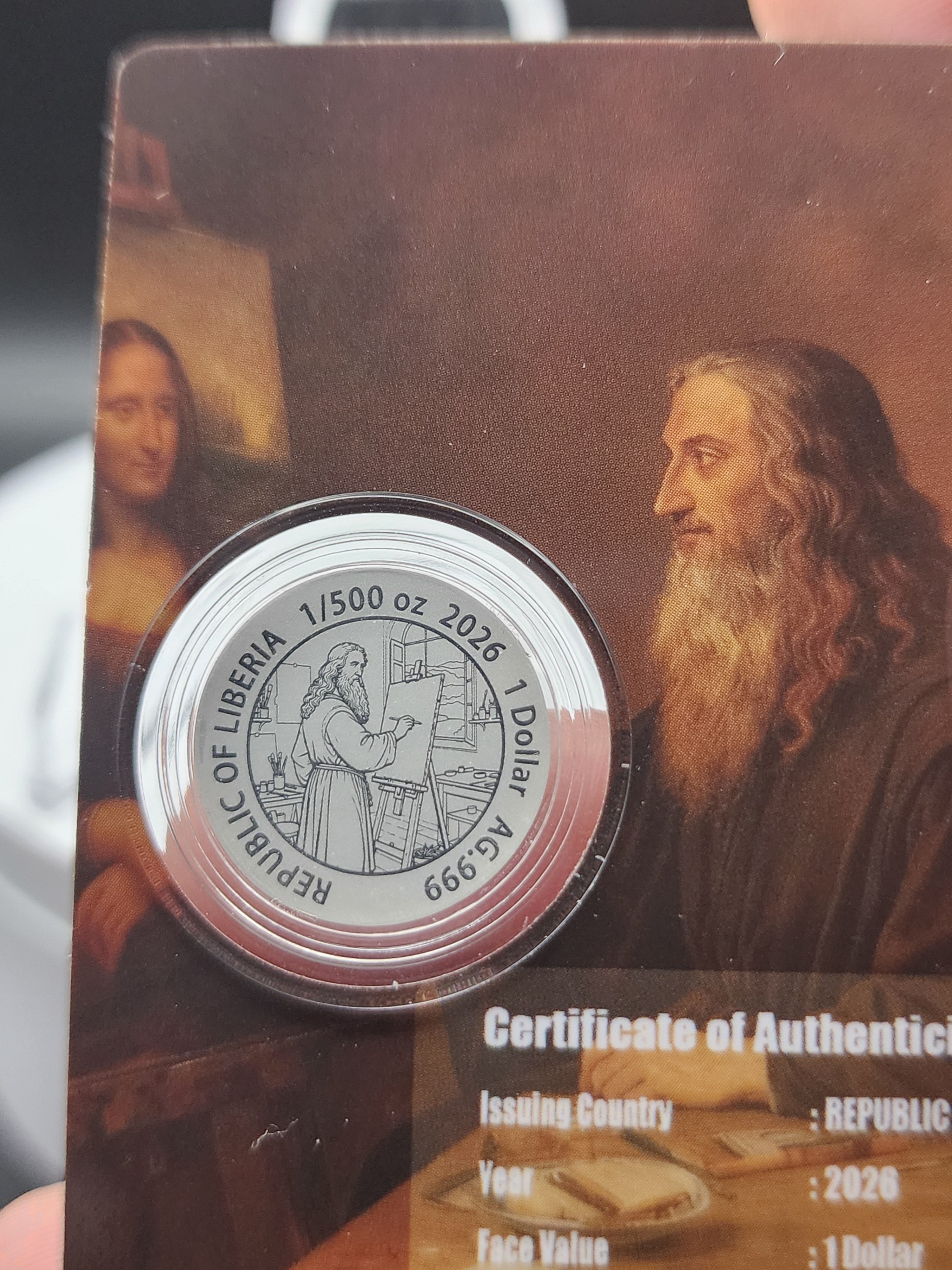 MONA LISA 1/500 Oz Silver Coin in Card 1$ Liberia 2026