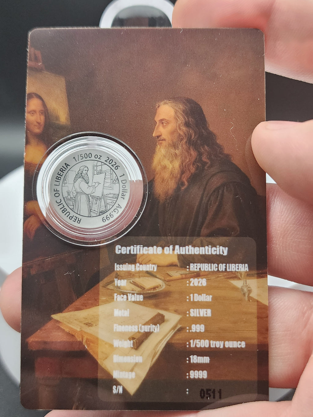 MONA LISA 1/500 Oz Silver Coin in Card 1$ Liberia 2026