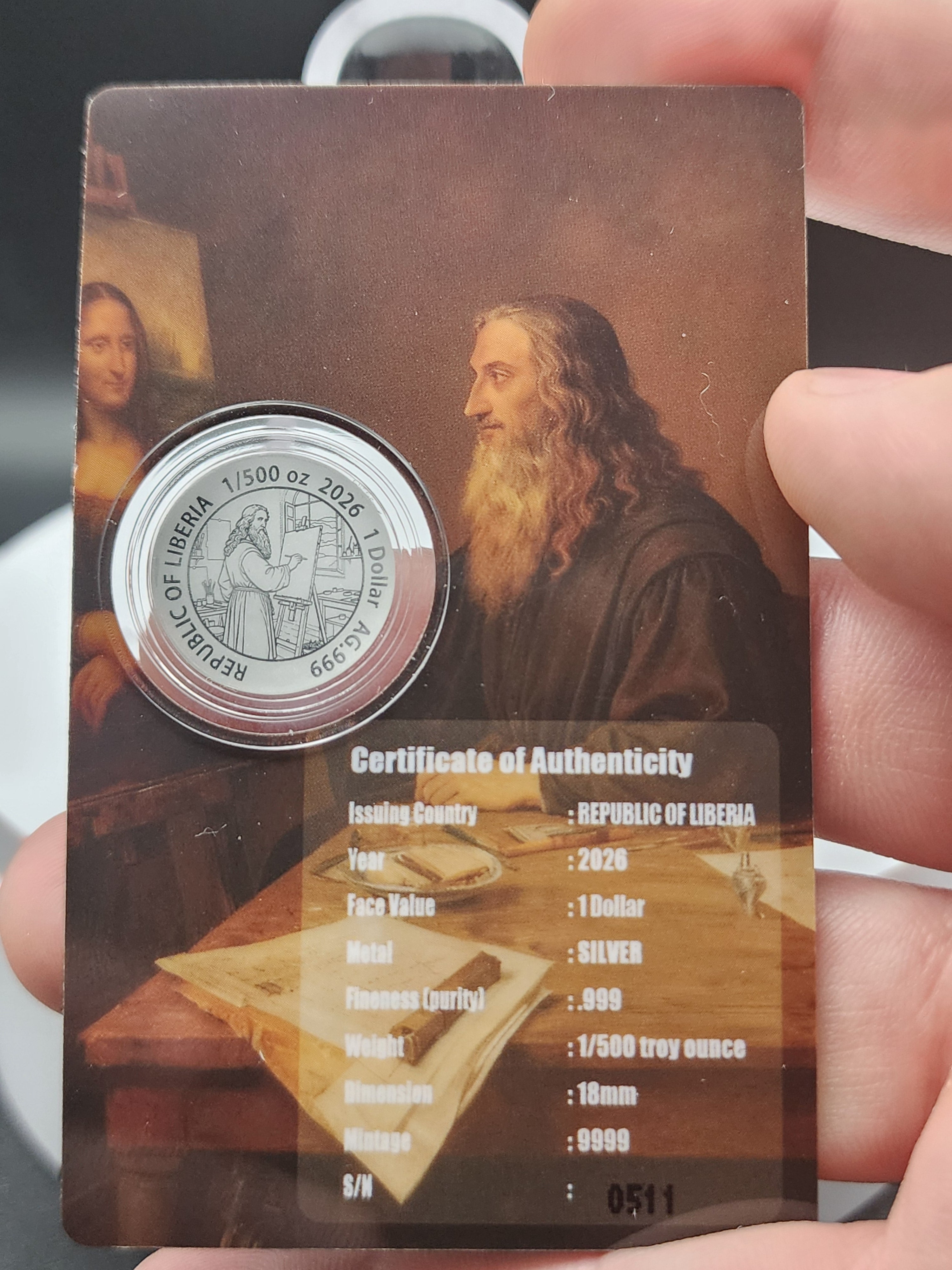 MONA LISA 1/500 Oz Silver Coin in Card 1$ Liberia 2026