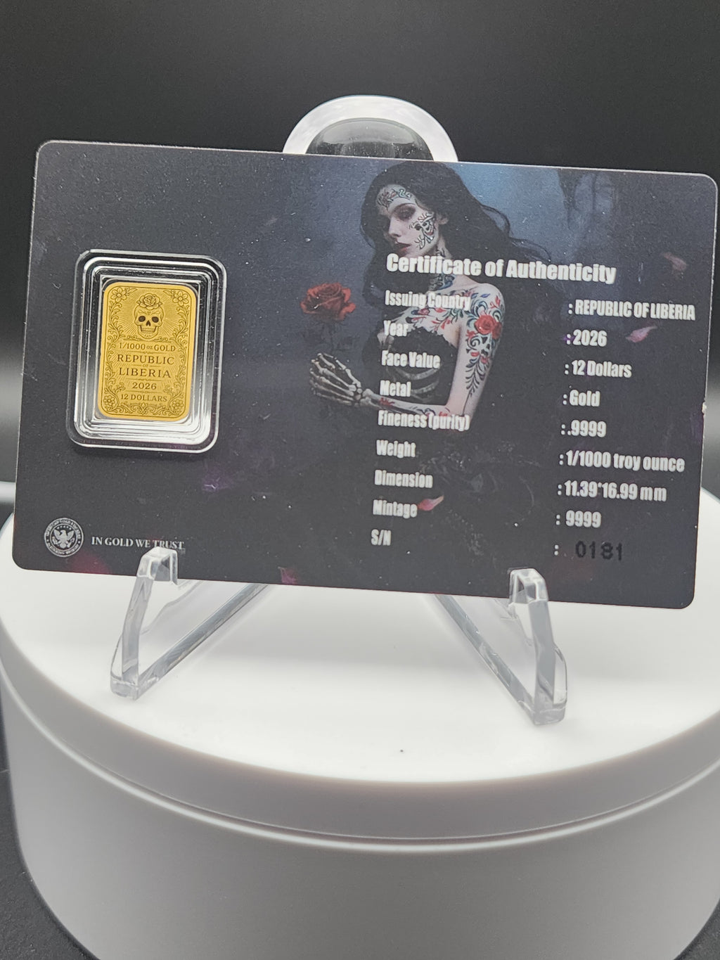 2026 Liberia Dia De Los Muertos Roses 1/1000 oz .9999 Gold Coin in Card