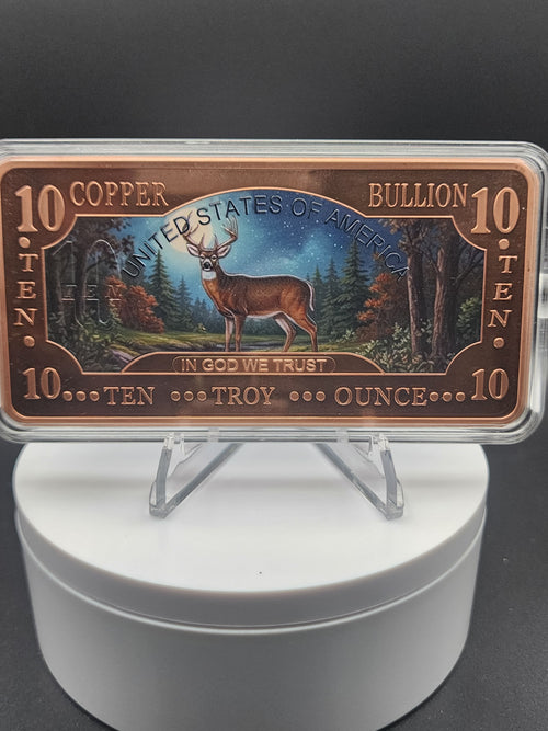2025 10 oz Whitetail Deer .999 Copper Bar Colorized in Capsule