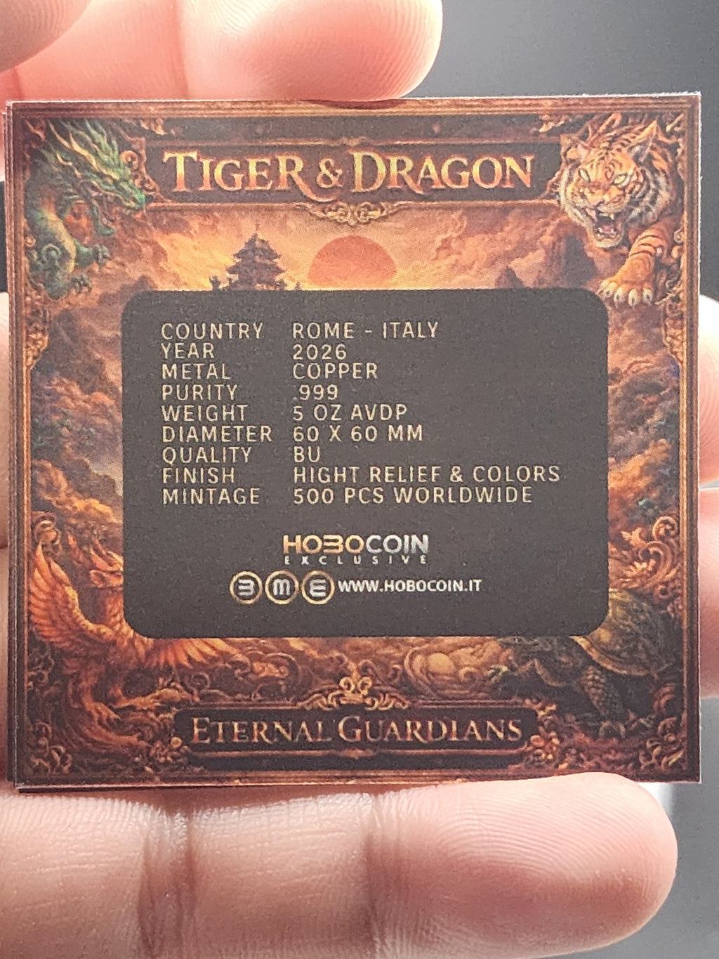 HoboCoins Exclusive Eternal Guardians - Tiger & Dragon 5 oz Copper Bar Mintage 500