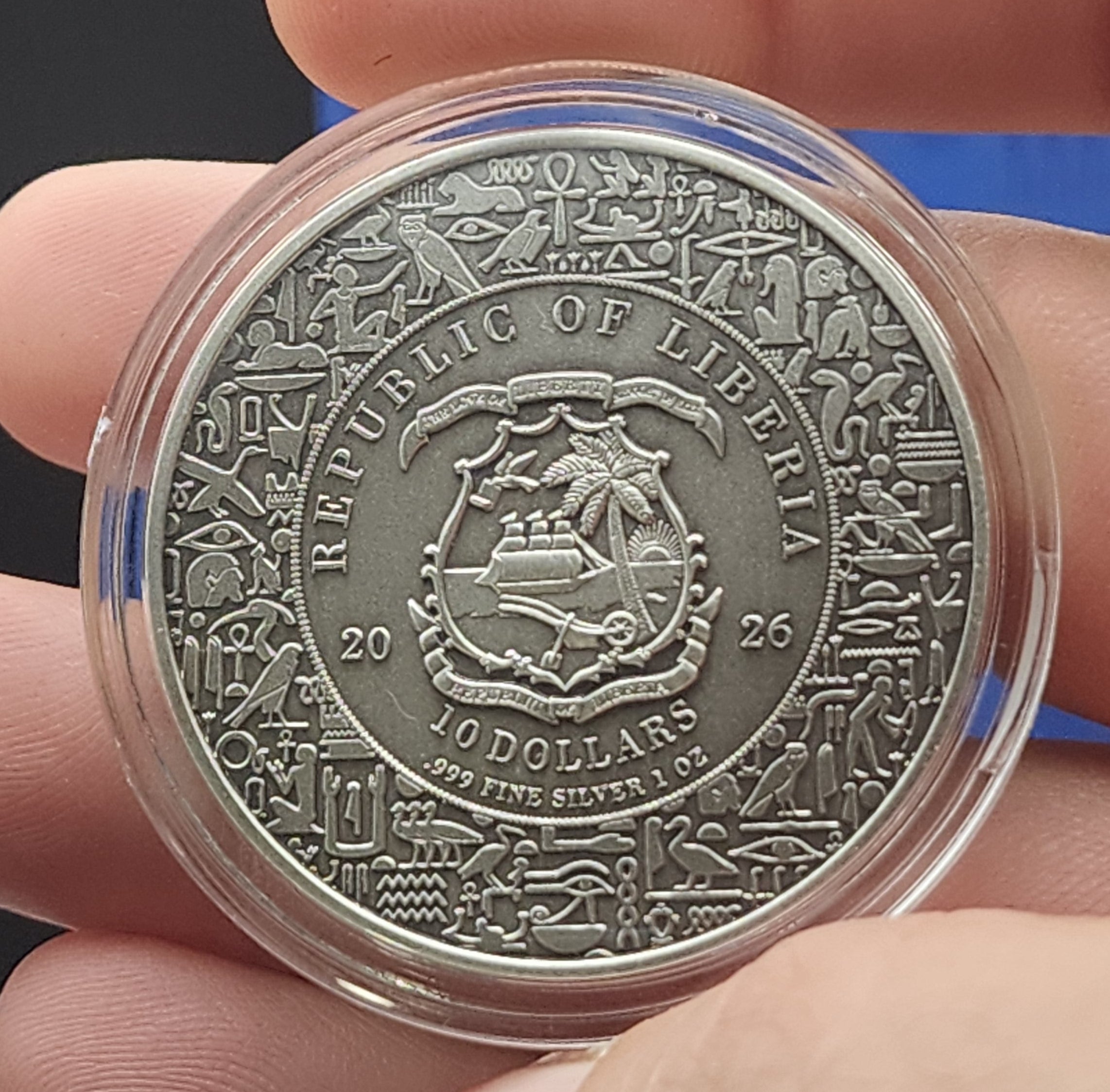 2026 Liberia Egyptian Heritage Anubis Antiqued UHR 1 oz Silver Coin