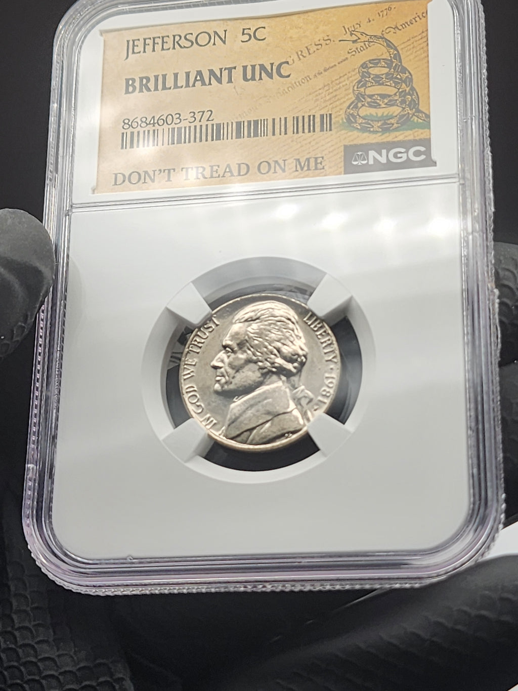 Jefferson Nickel NGC Brilliant Uncirculated "Don't Tread on Me"