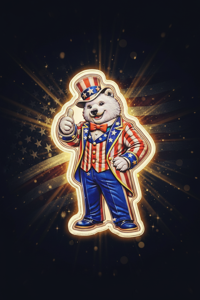 A stylized cartoon bear dressed as Uncle Sam stands centered on a dark background with glowing light rays and star-like specks. The bear wears a red, white, and blue patriotic outfit with a top hat, bow tie, and blue pants, and gives a thumbs-up.