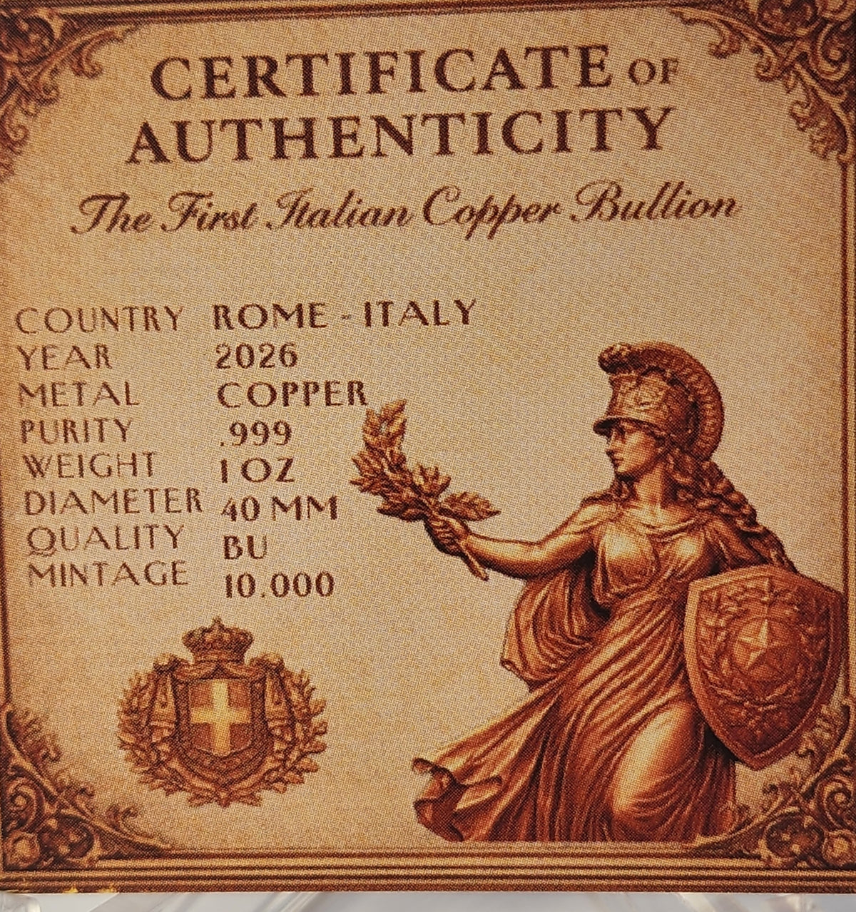 The First Italian 1 oz Copper Round
