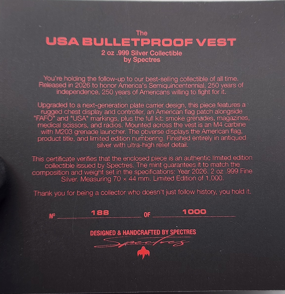 Spectres Mint 2026 USA Bulletproof Vest Shaped 2 oz Silver