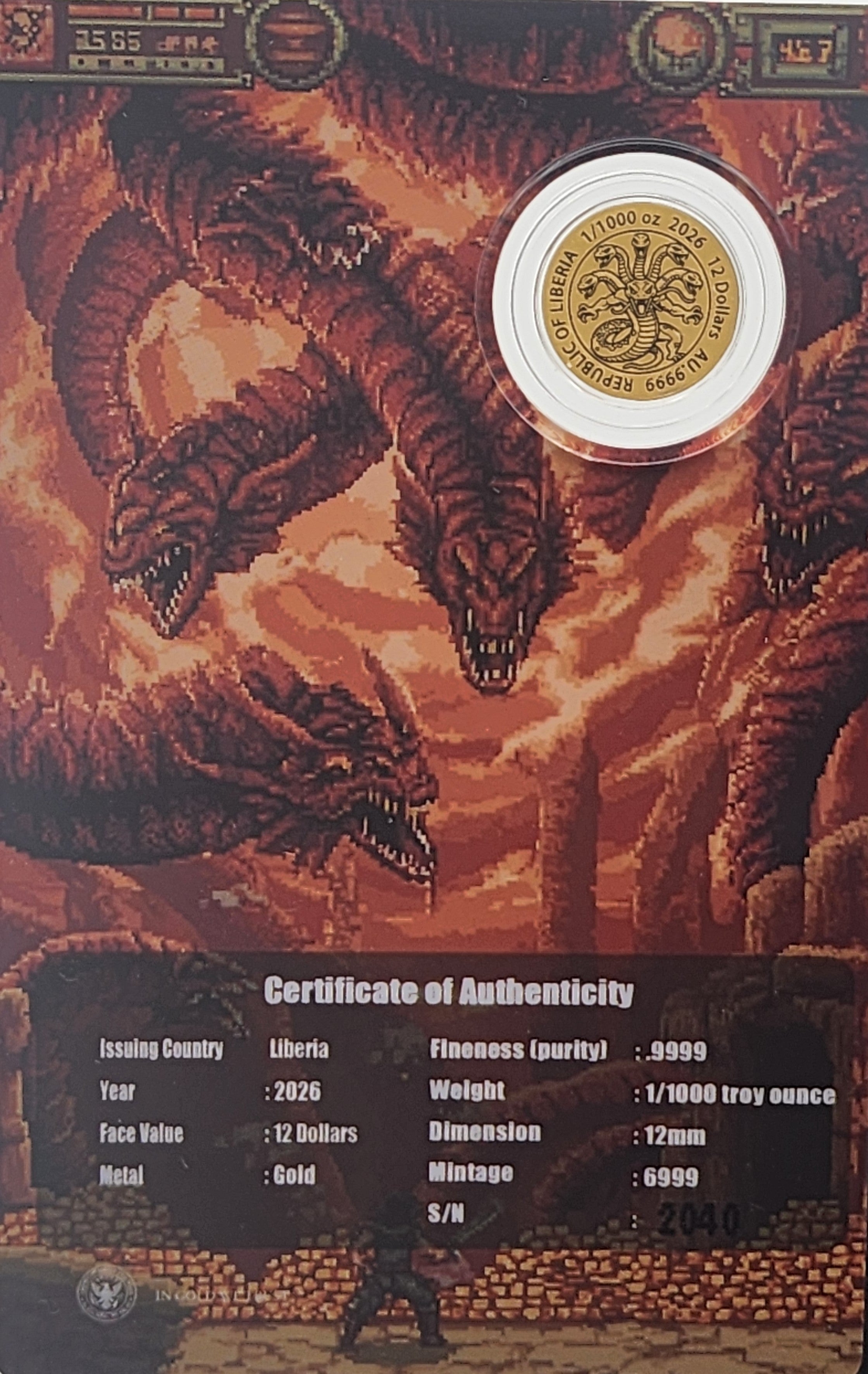 2026 Liberia Pixel Hydra 1/1000 oz Gold Coin in Card
