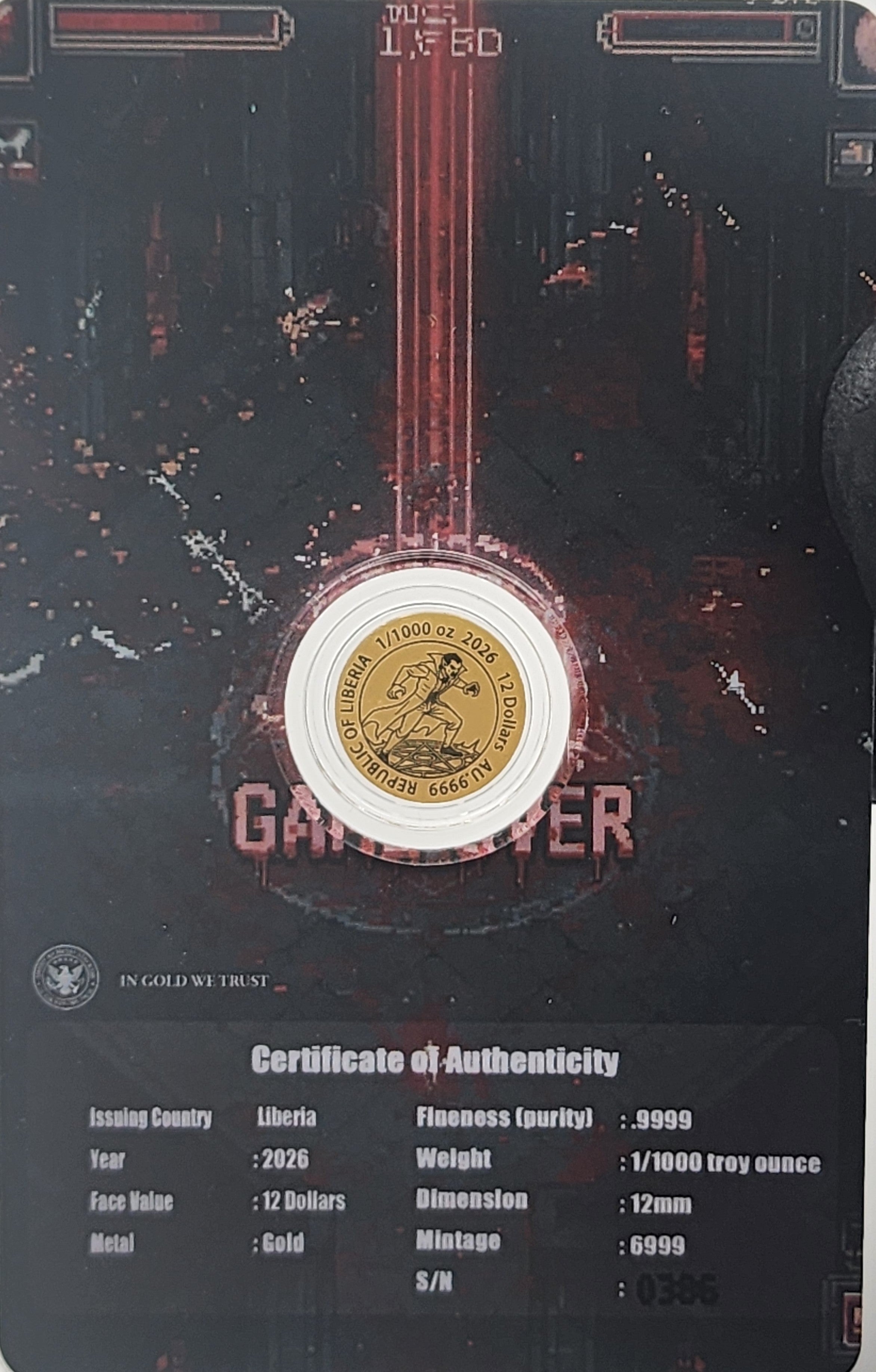 2026 Liberia Pixel Vampire 1/1000 oz .9999 Gold Coin in Card