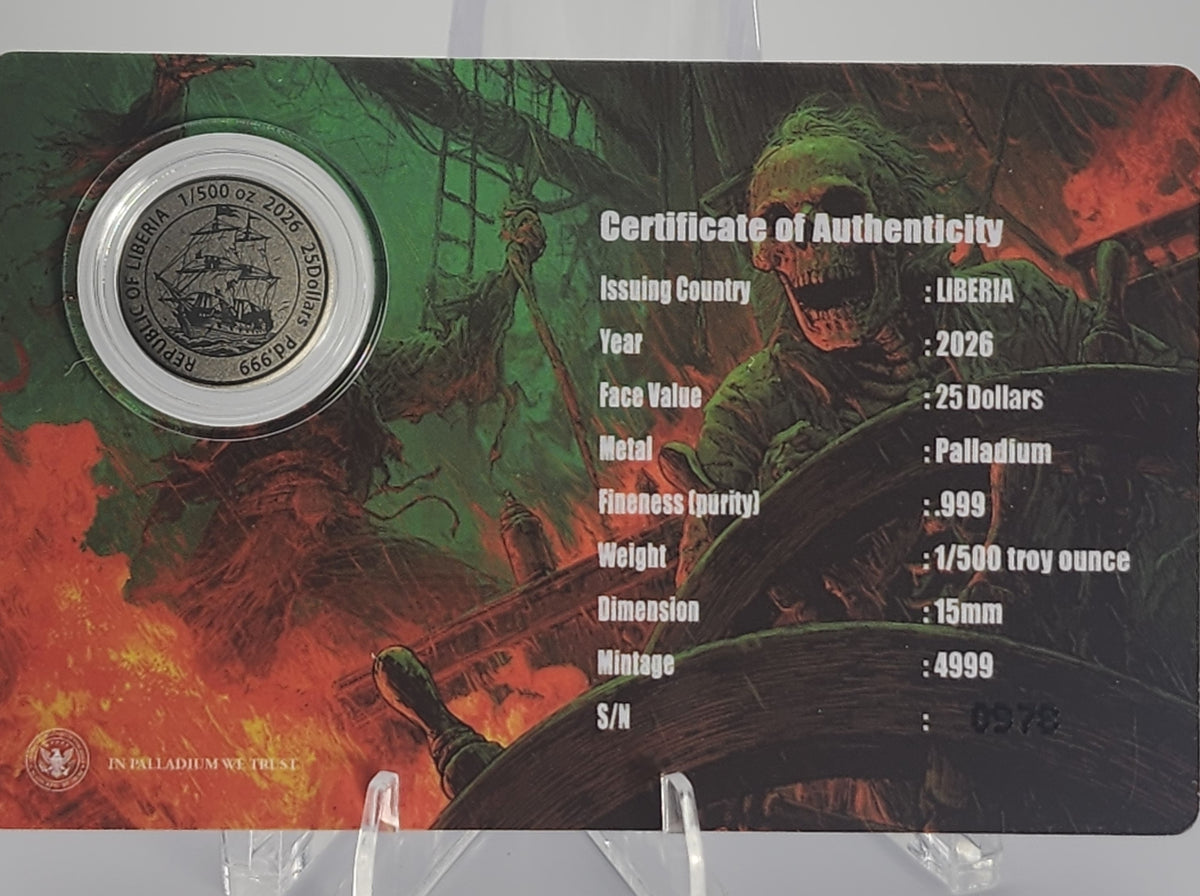 2026 Republic of Liberia $25 Flying Dutchman 1/500 oz Palladium Coin | Mintage 4,999