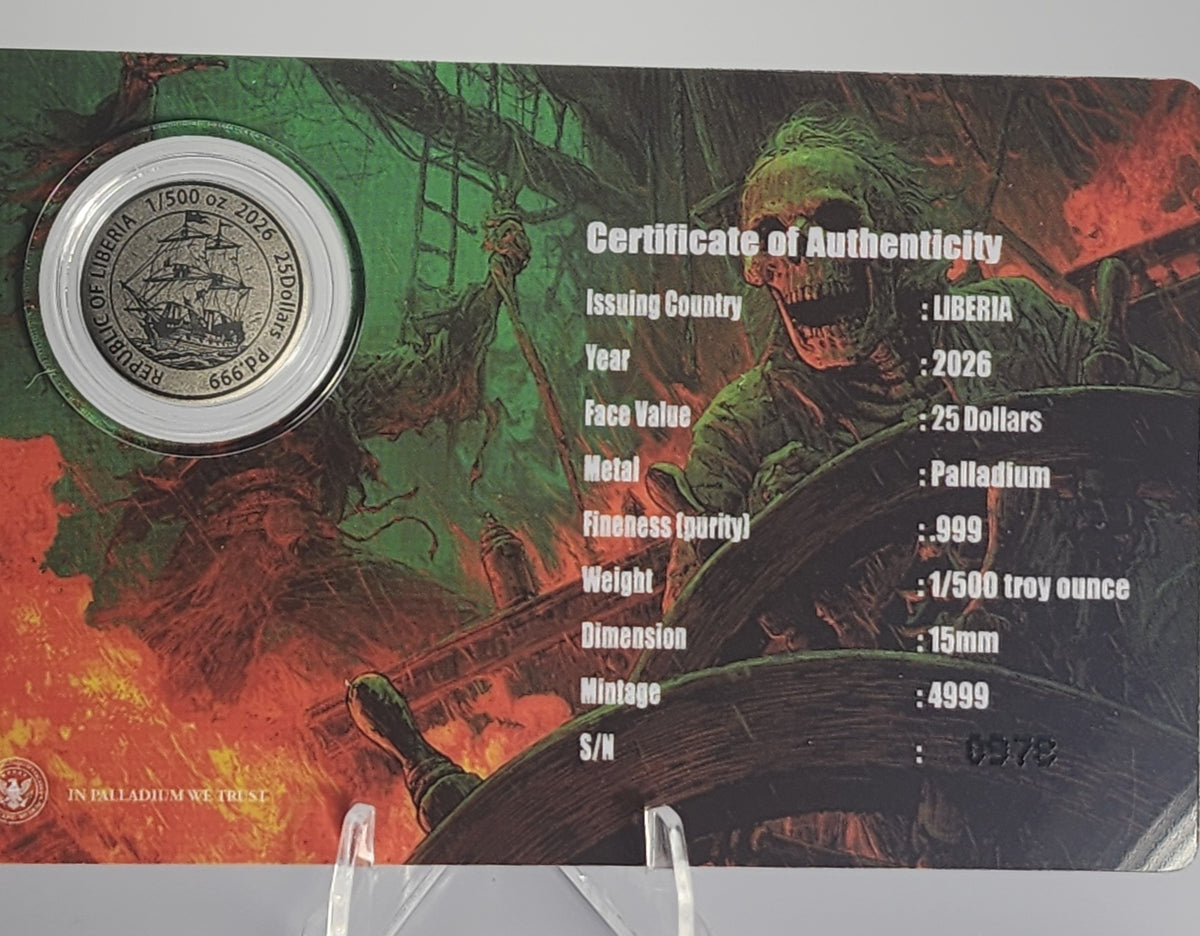 2026 Republic of Liberia $25 Flying Dutchman 1/500 oz Palladium Coin | Mintage 4,999