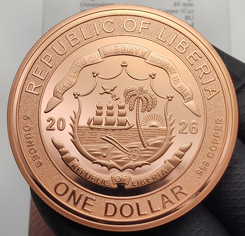 2026 Liberia $1 Lady Justice Second Amendment Reverse Proof 5 oz Copper Coin