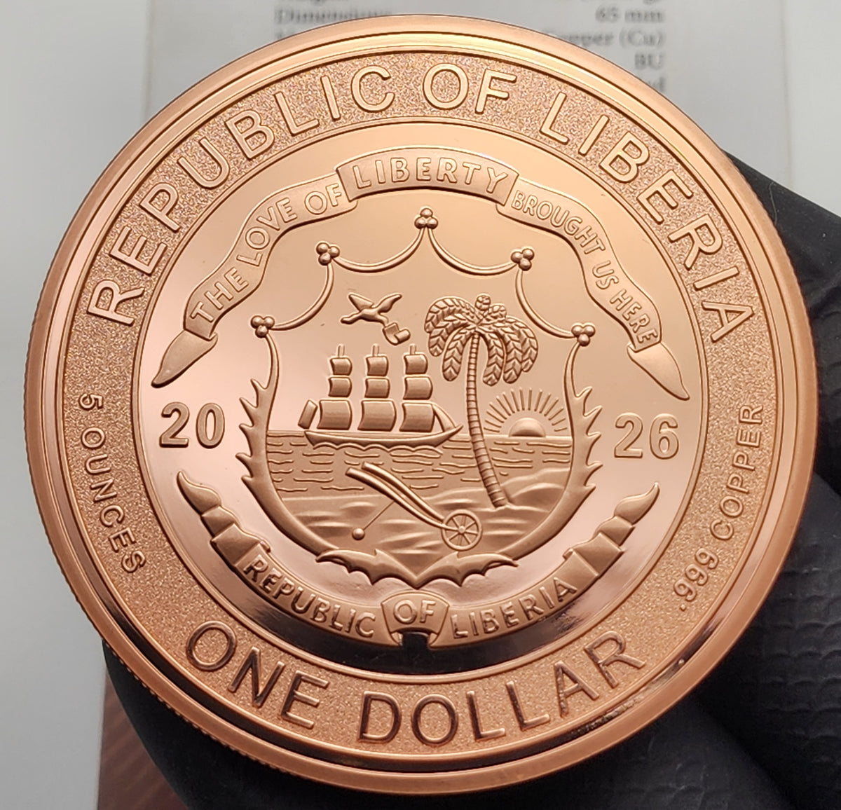 2026 Liberia $1 Lady Justice Second Amendment Reverse Proof 5 oz Copper Coin