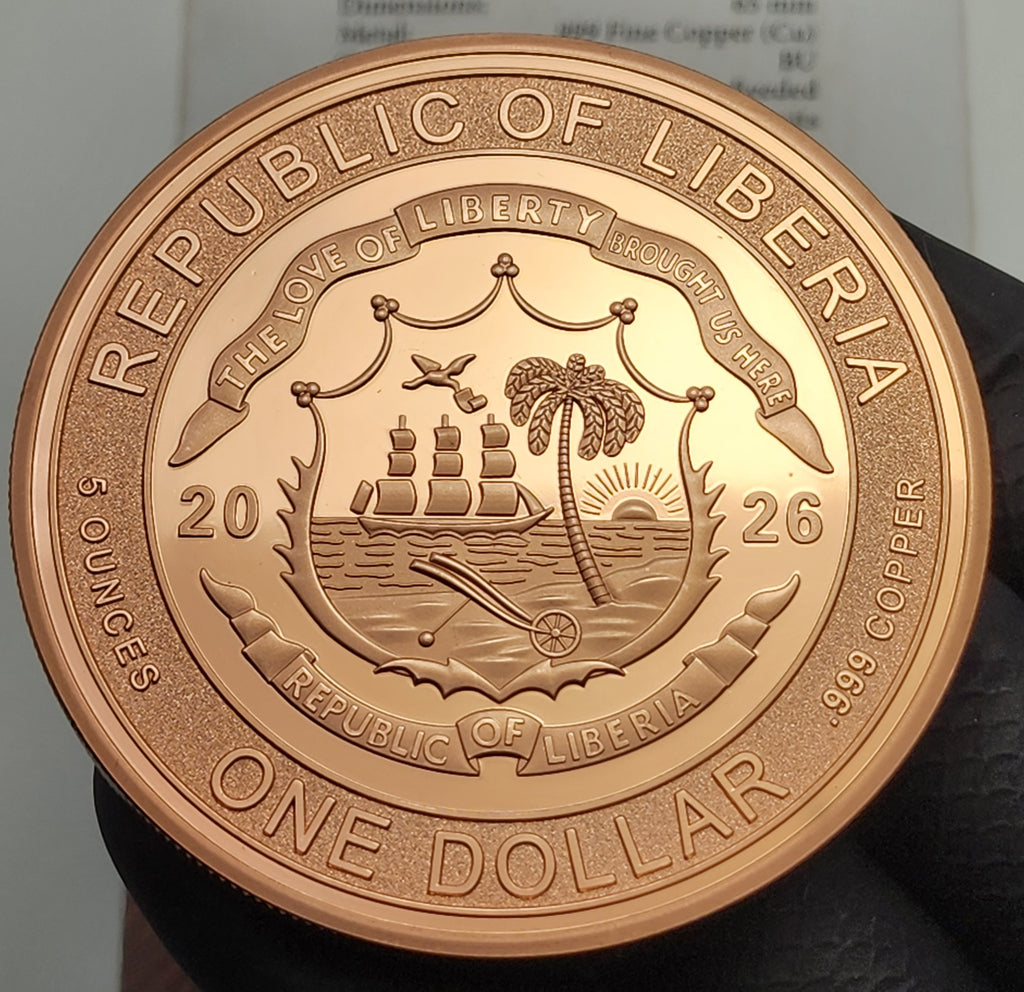 2026 Liberia $1 Lady Justice Second Amendment Reverse Proof 5 oz Copper Coin