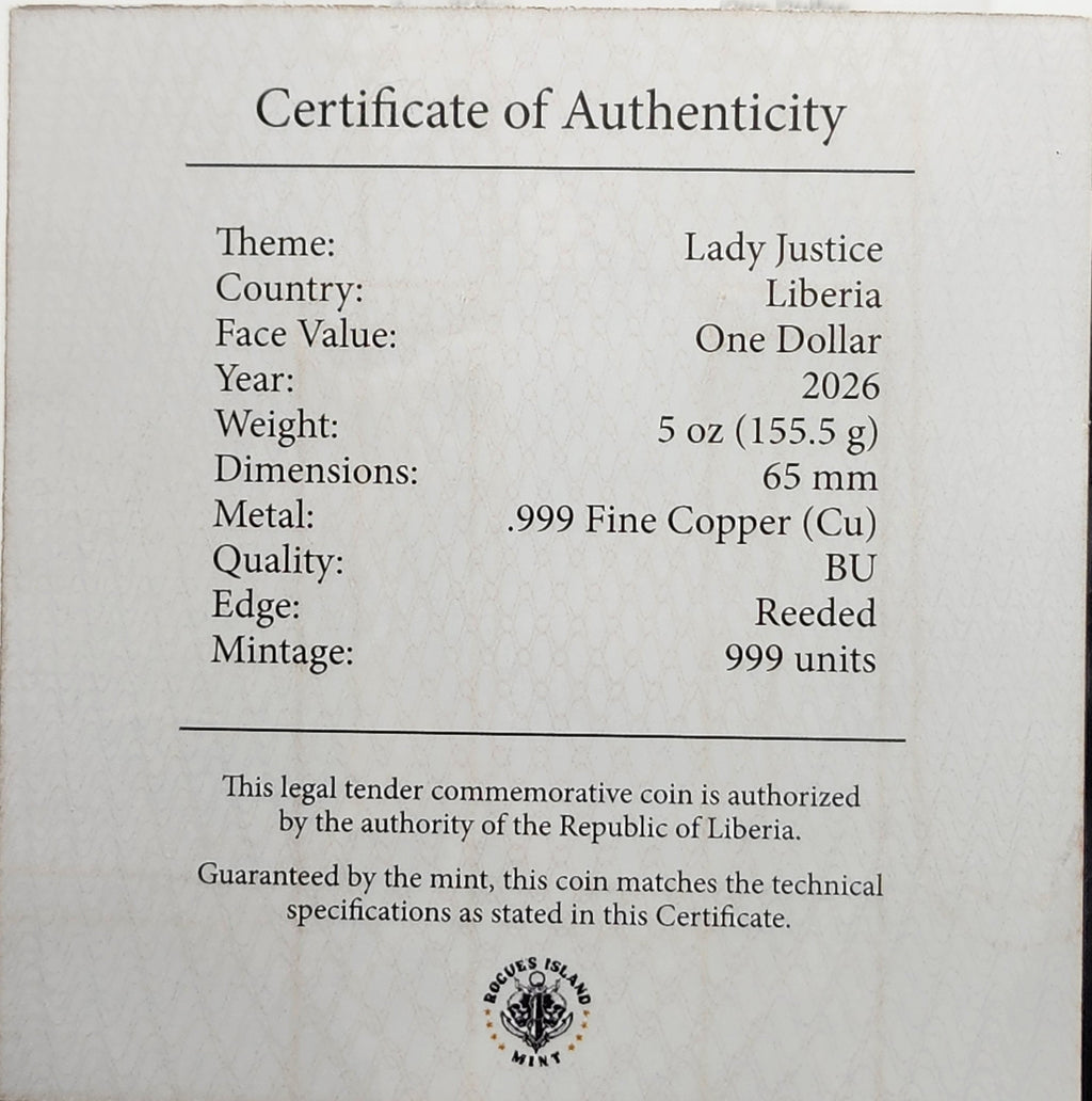 2026 Liberia $1 Lady Justice Second Amendment Reverse Proof 5 oz Copper Coin