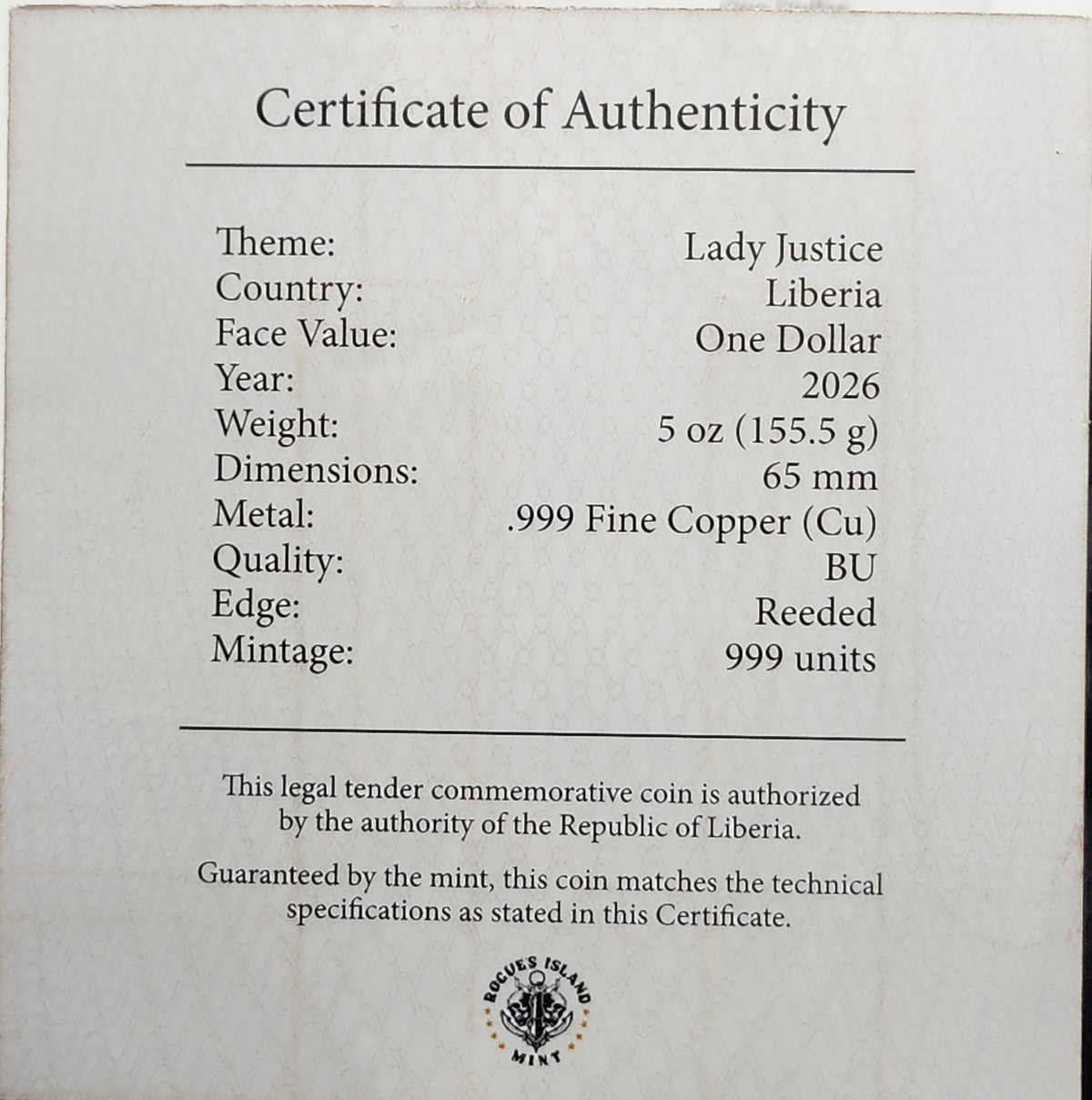 2026 Liberia $1 Lady Justice Second Amendment Reverse Proof 5 oz Copper Coin