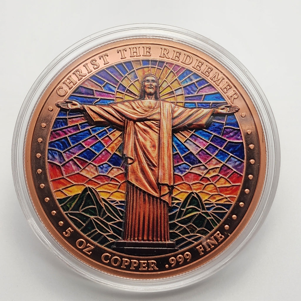 Stained Glass Christ the Redeemer Colorized 5 oz Copper Medal