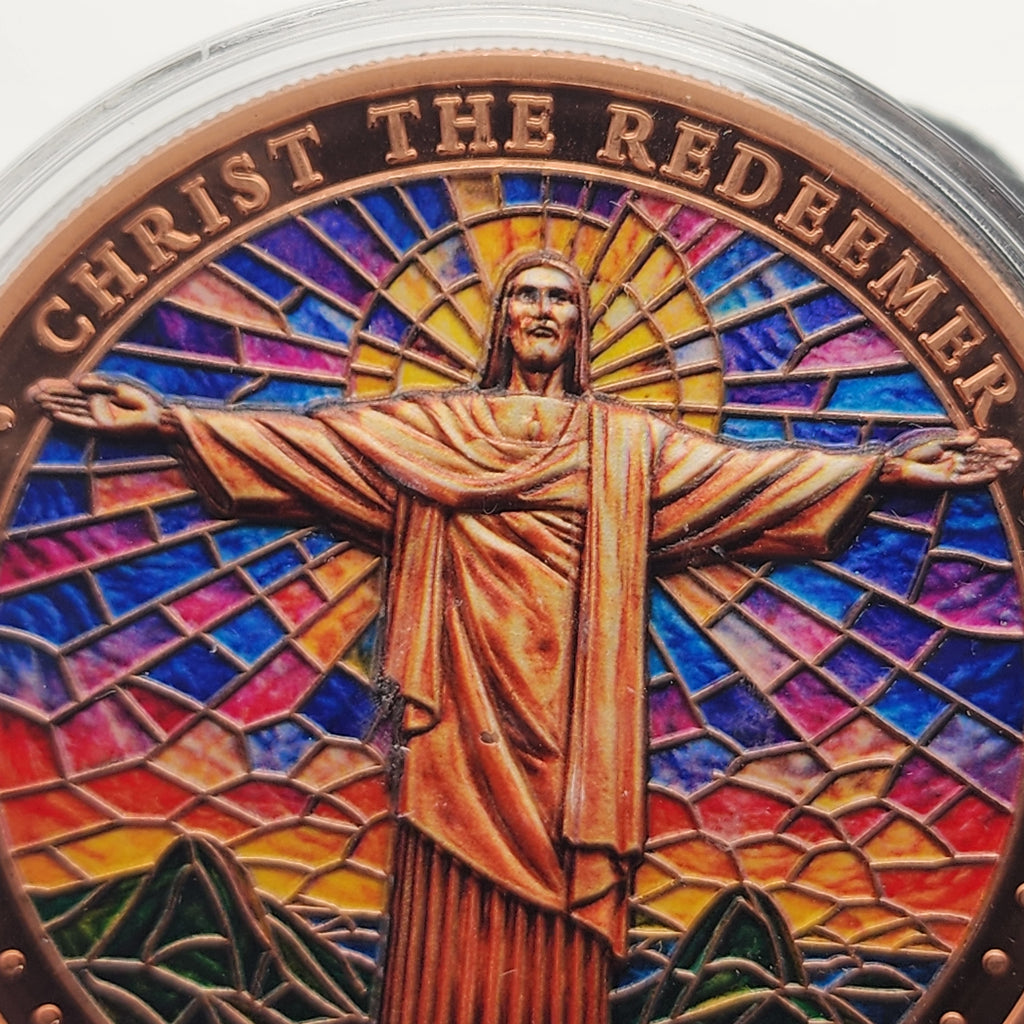 Stained Glass Christ the Redeemer Colorized 5 oz Copper Medal
