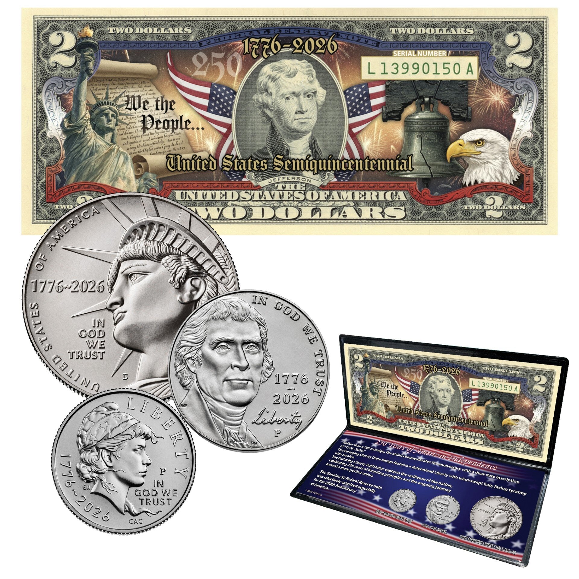 1776-2026 250 Years of American Independence Coin and Colorized Currency Set