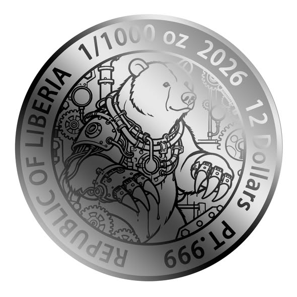 2026 Liberia Steampunk Black Bear 1/1000 oz Platinum Coin in Card