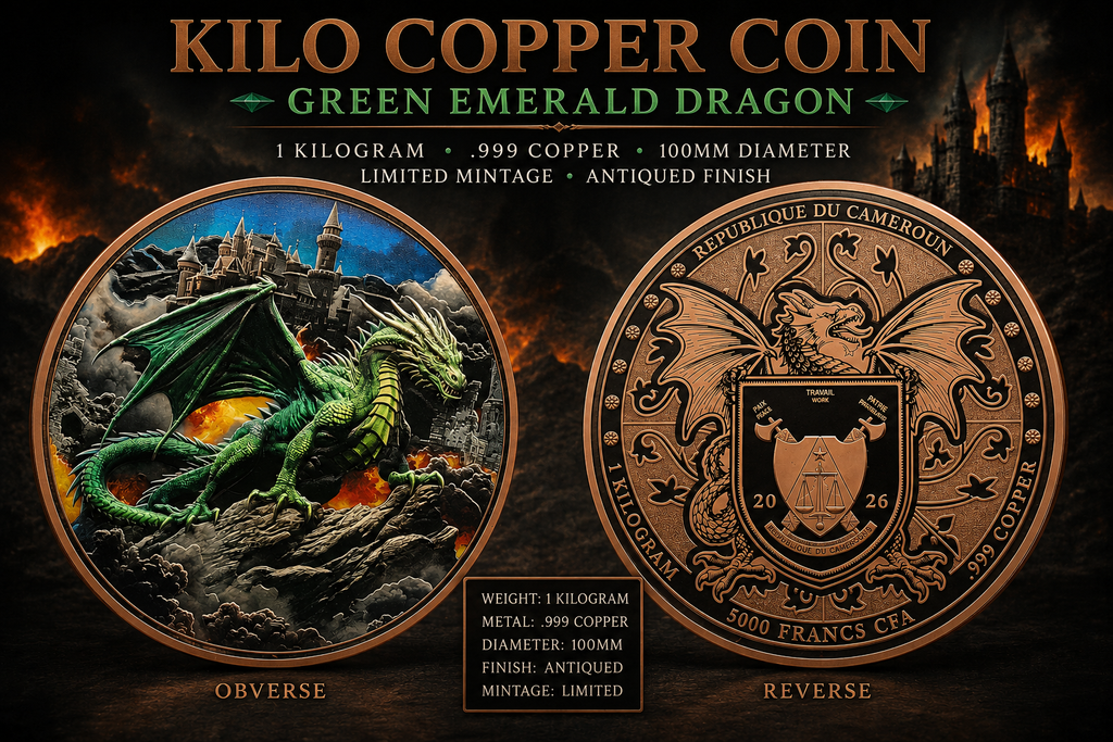 2026 Cameroon 1 Kilo Copper Emerald Dragon Coin