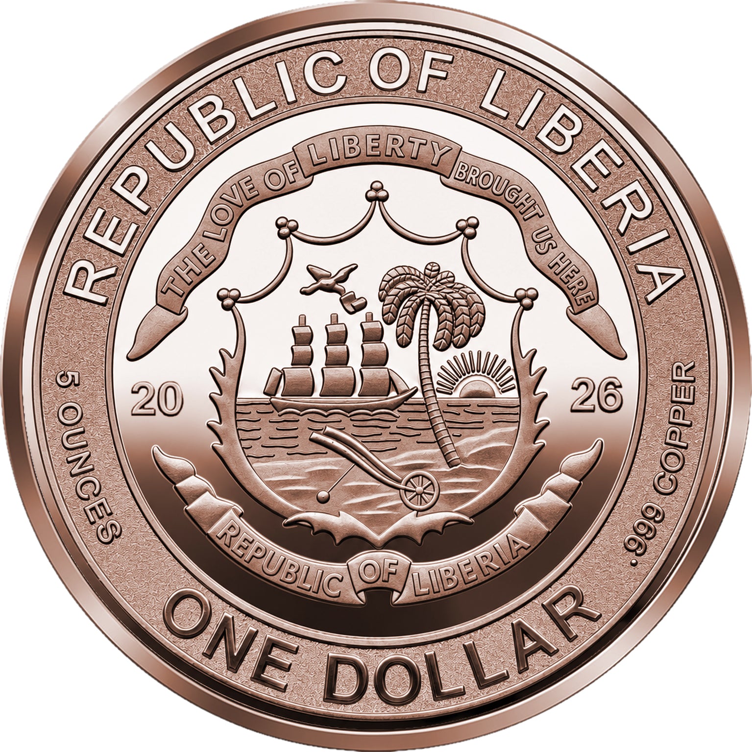 2026 Liberia Lady Justice Reverse Proof 5 oz Copper Coin