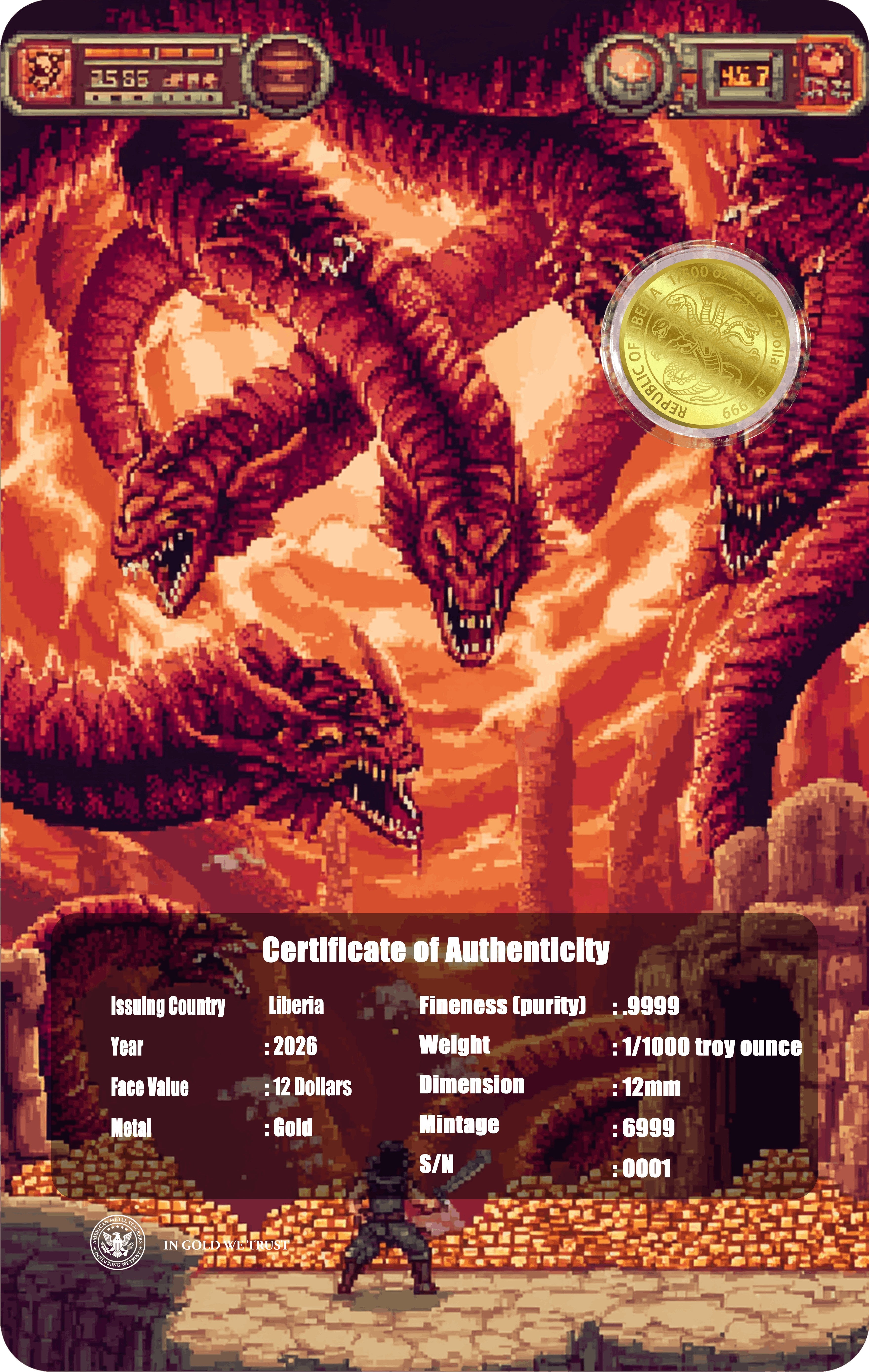 2026 Liberia Pixel Hydra 1/1000 oz Gold Coin in Card