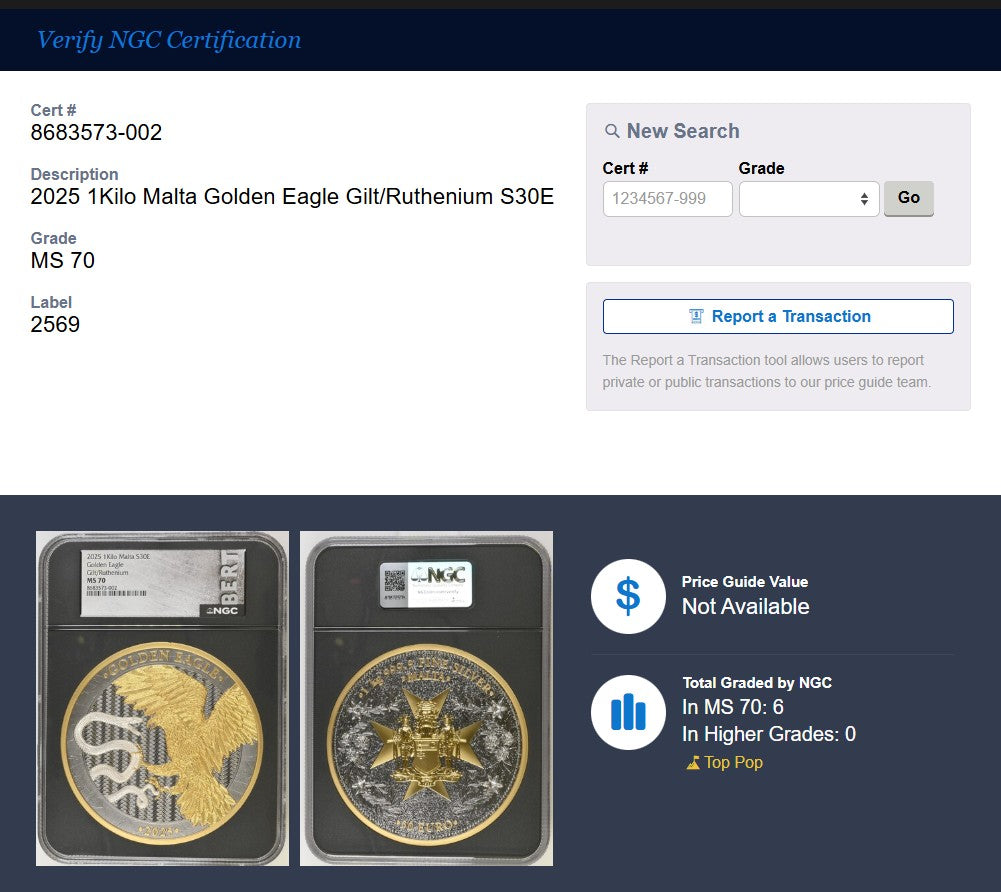 2025 NGC MS70 Malta Golden Eagle KILO - 100 Minted