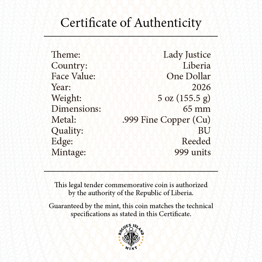 2026 Liberia Lady Justice Reverse Proof 5 oz Copper Coin