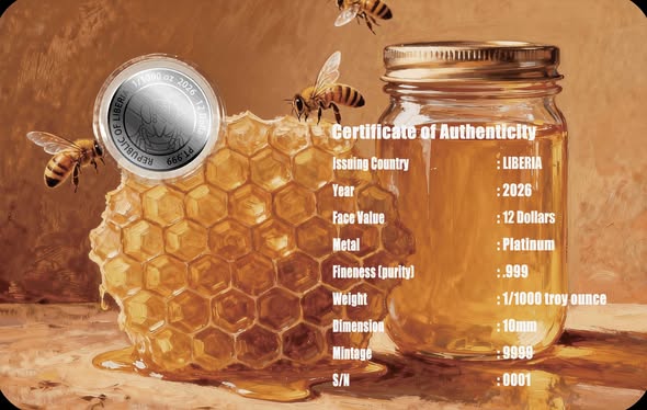 2026 Liberia Honey Bees 1/1000 oz Platinum Coin in Card
